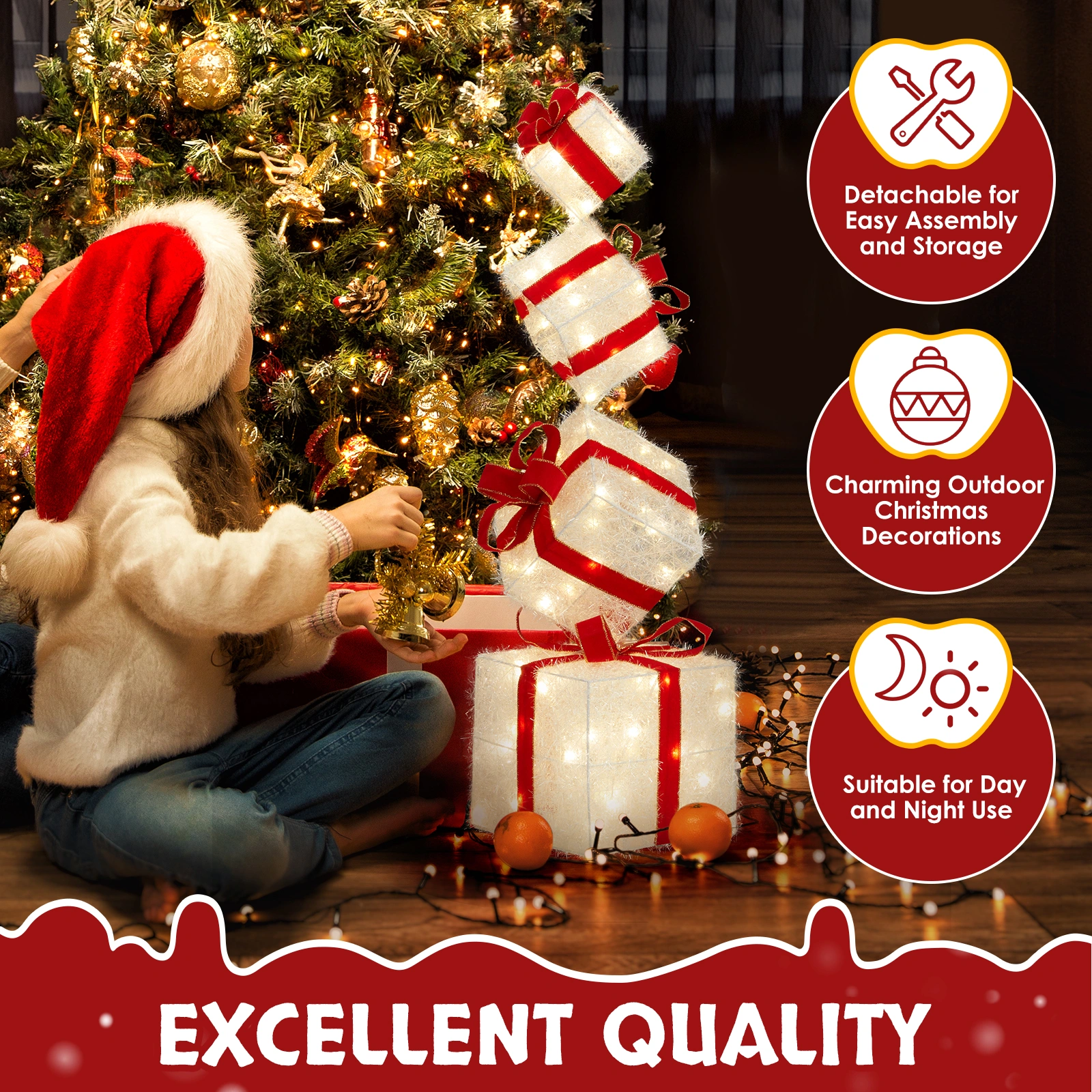 3FT Lighted Gift Box Tower w/ 80 LED Warm White Lights Stakes Christmas Outdoor Indoor Decor view 4