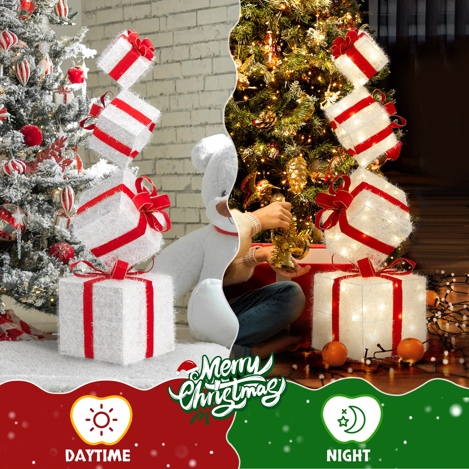 3FT Lighted Gift Box Tower w/ 80 LED Warm White Lights Stakes Christmas Outdoor Indoor Decor view 6