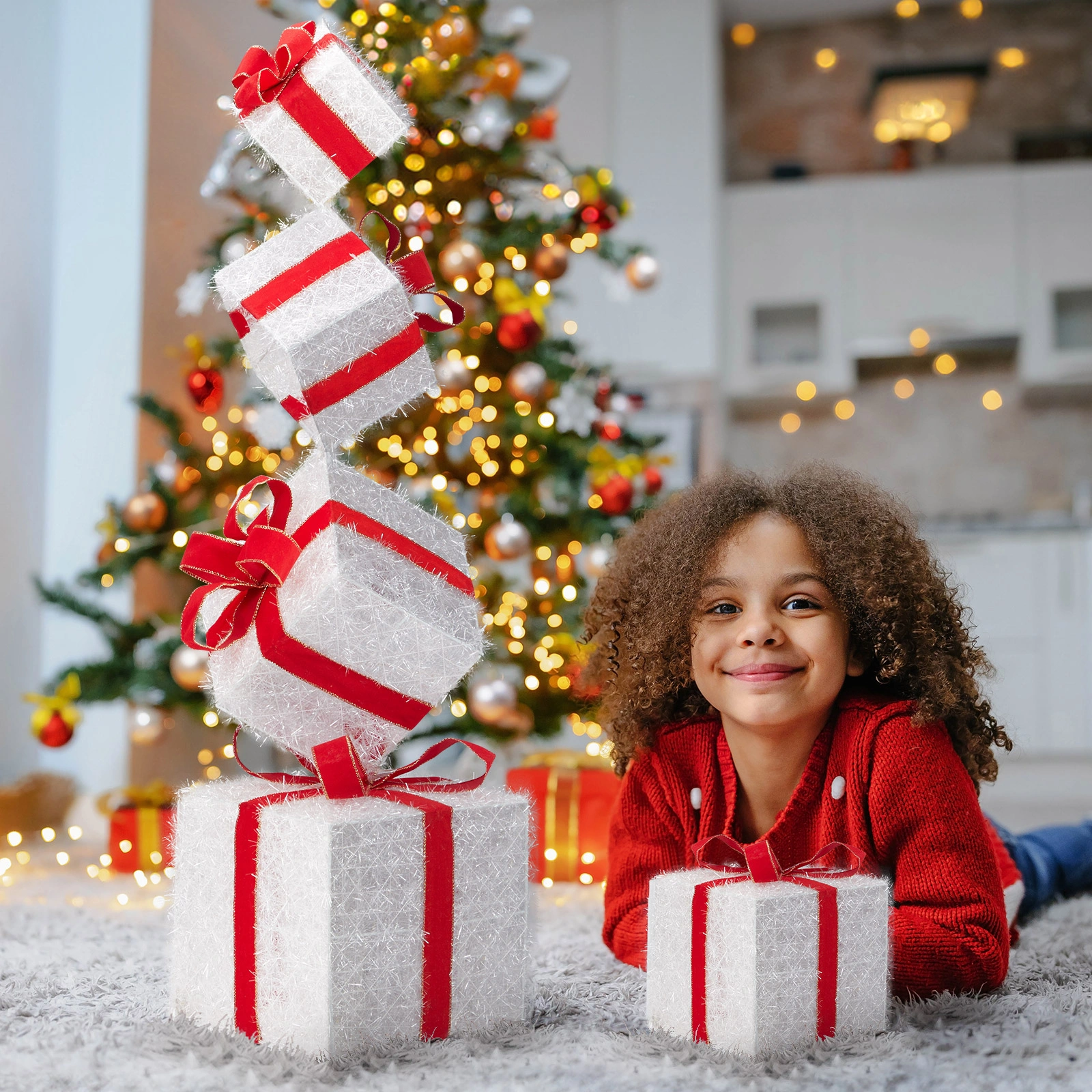 3FT Lighted Gift Box Tower w/ 80 LED Warm White Lights Stakes Christmas Outdoor Indoor Decor view 9