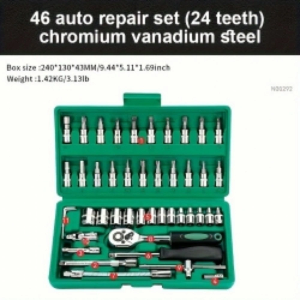 46PCS 1/4" Socket Wrench Set with Ratchet & Combination Bit, Auto Car Repair Tool Kit view 3