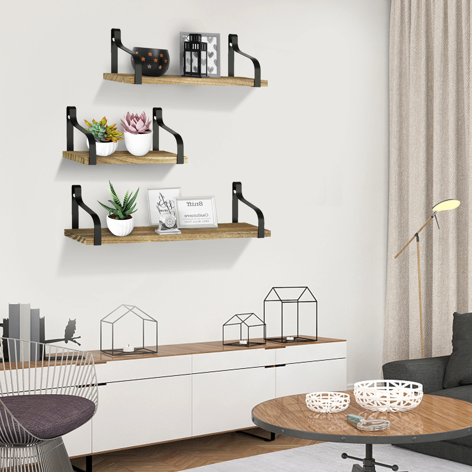 Set of 3 Floating Shelves - Wall Mounted Wood Storage Display Shelves for Bedroom, Living Room, Bathroom, Kitchen & Office view 2