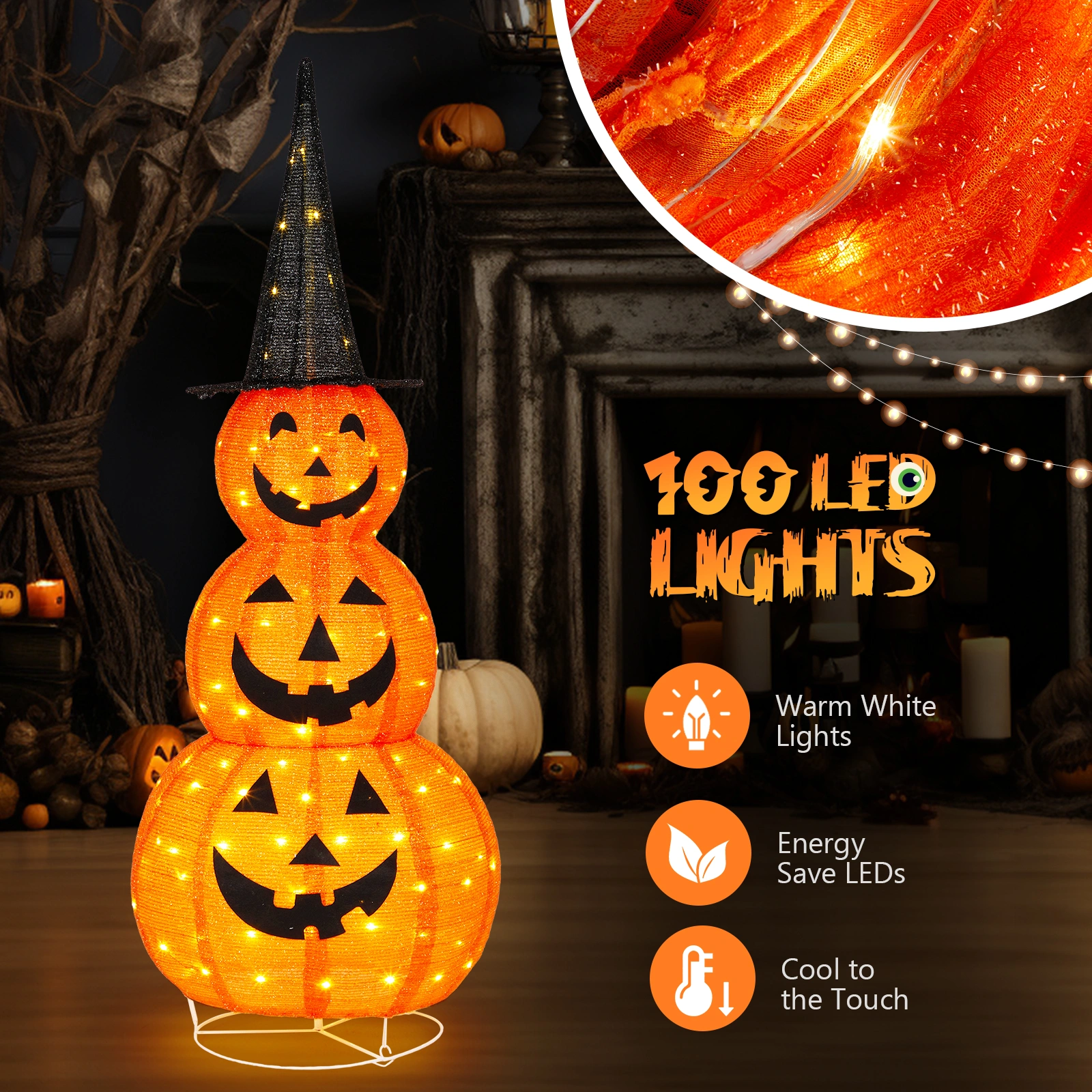 5ft Halloween Collapsible Pumpkin Decoration with 100 LED Lights view 3
