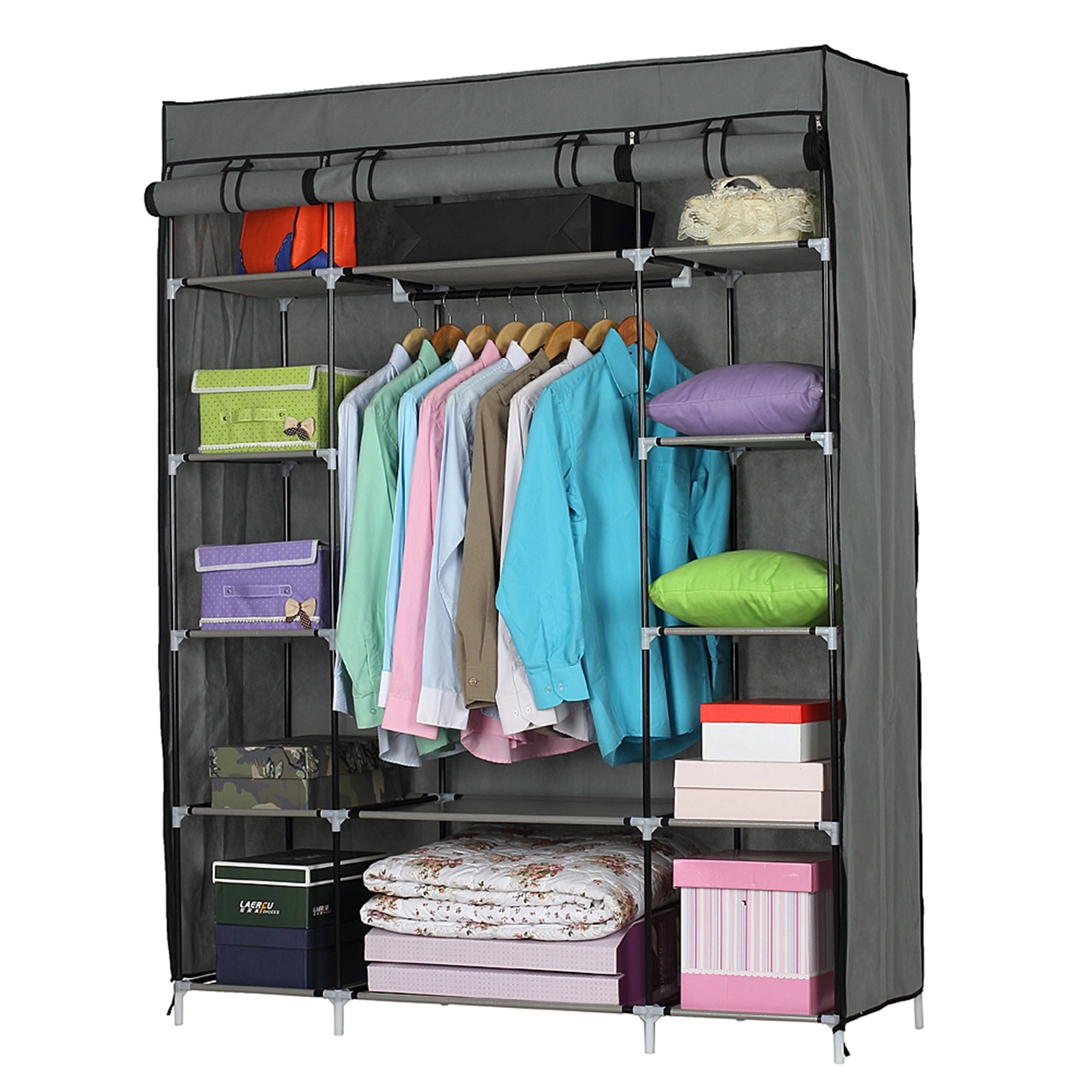 5-Layer 12-Compartment Non-woven Fabric Wardrobe Portable Closet Gray 133x46x170cm