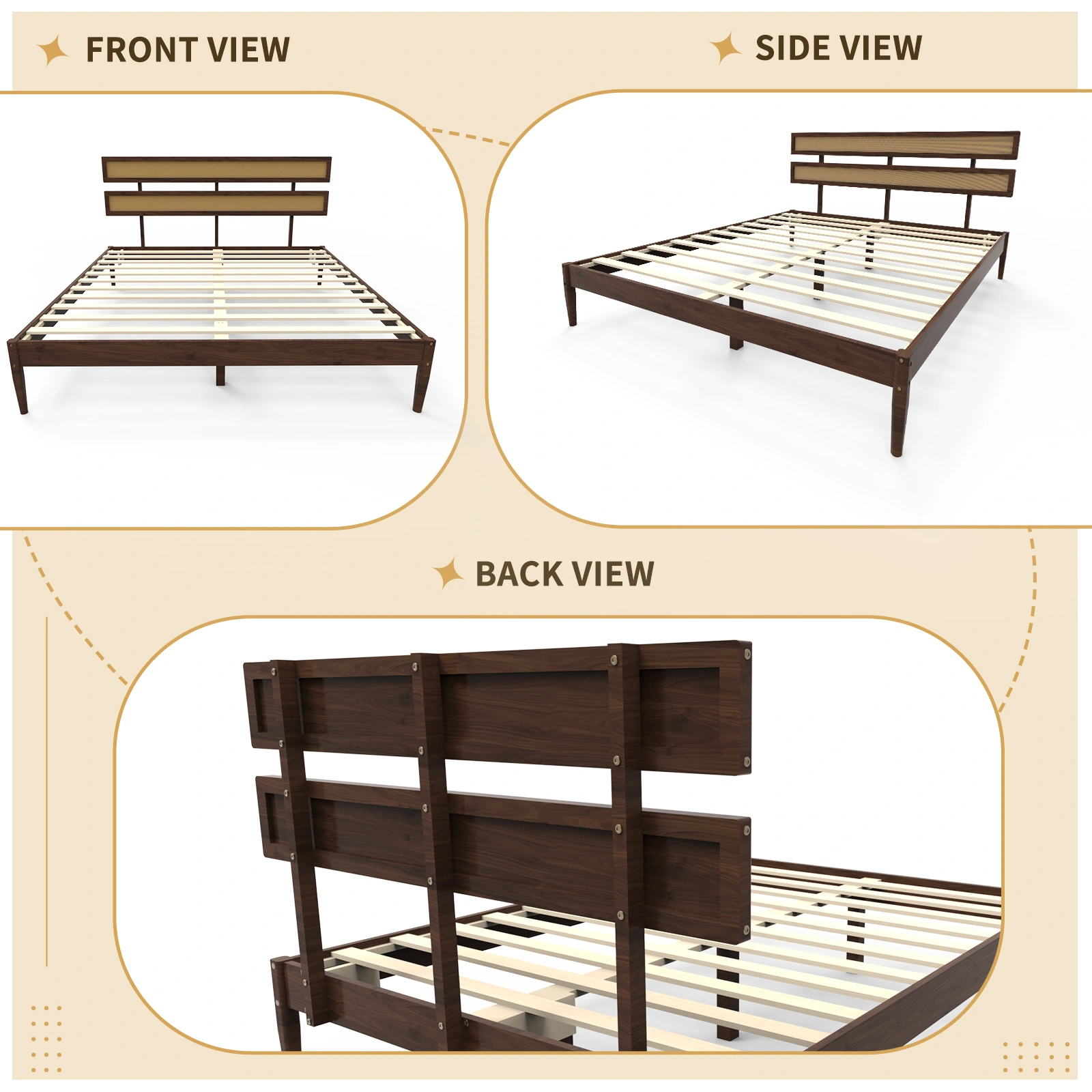 Dark walnut wood painted finish + rattan and pine wood double headboard King size bed, Bohemian style view 10