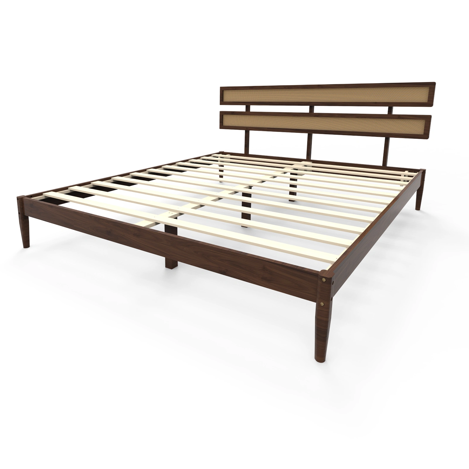 Dark walnut wood painted finish + rattan and pine wood double headboard King size bed, Bohemian style view 13