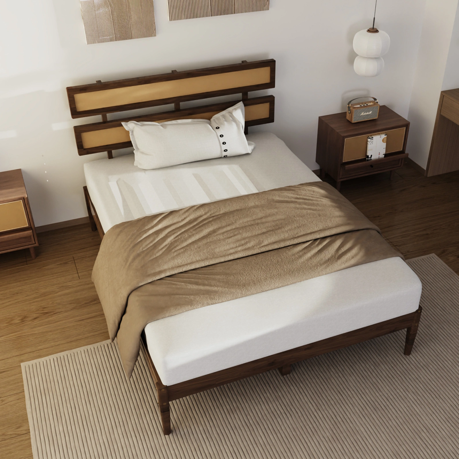Dark walnut wood painted finish + rattan and pine wood double headboard King size bed, Bohemian style view 2