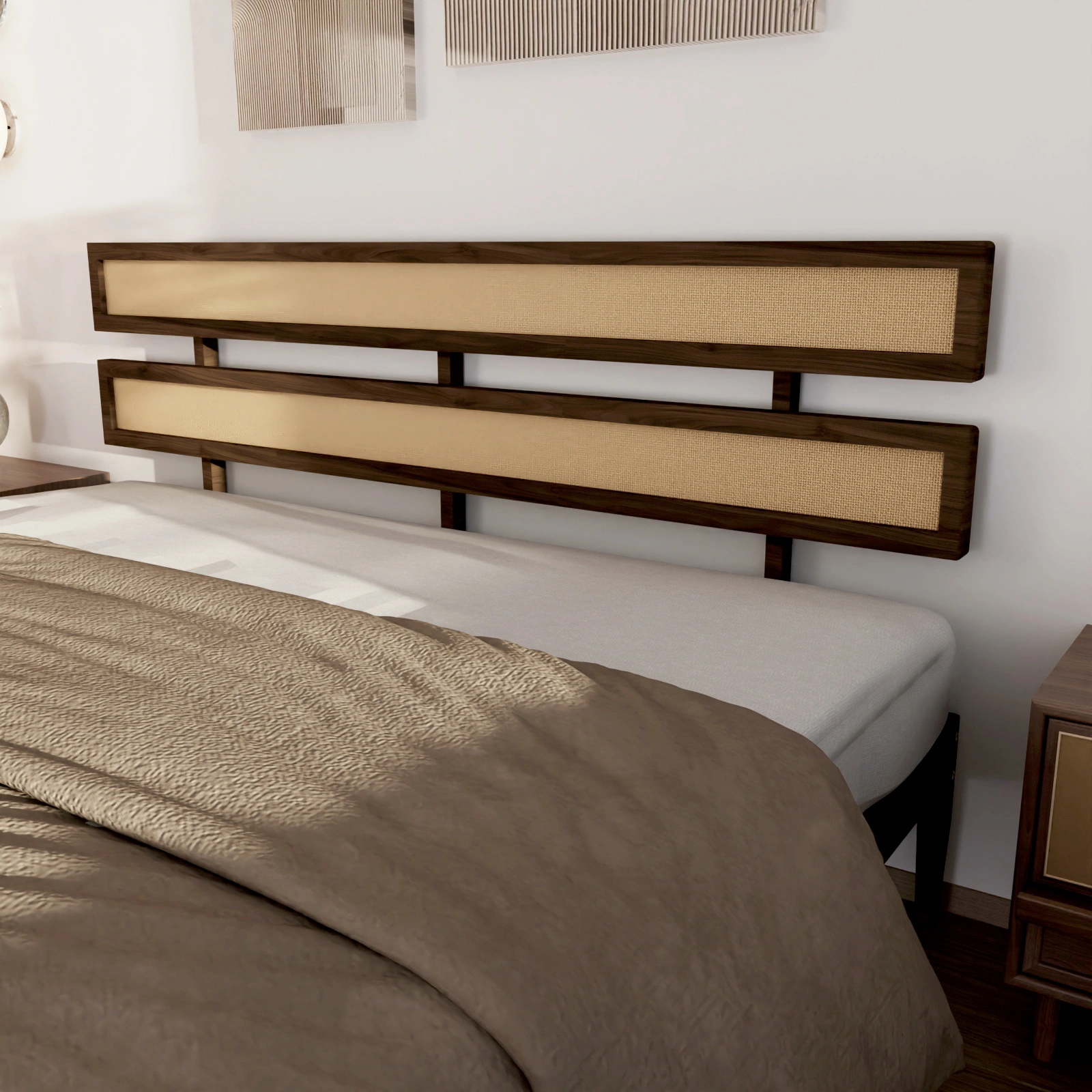 Dark walnut wood painted finish + rattan and pine wood double headboard King size bed, Bohemian style view 3