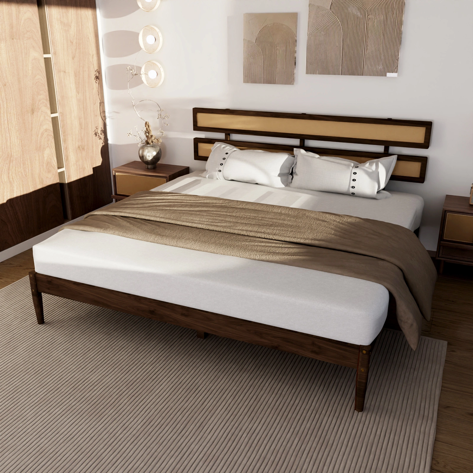 Dark walnut wood painted finish + rattan and pine wood double headboard King size bed, Bohemian style view 5