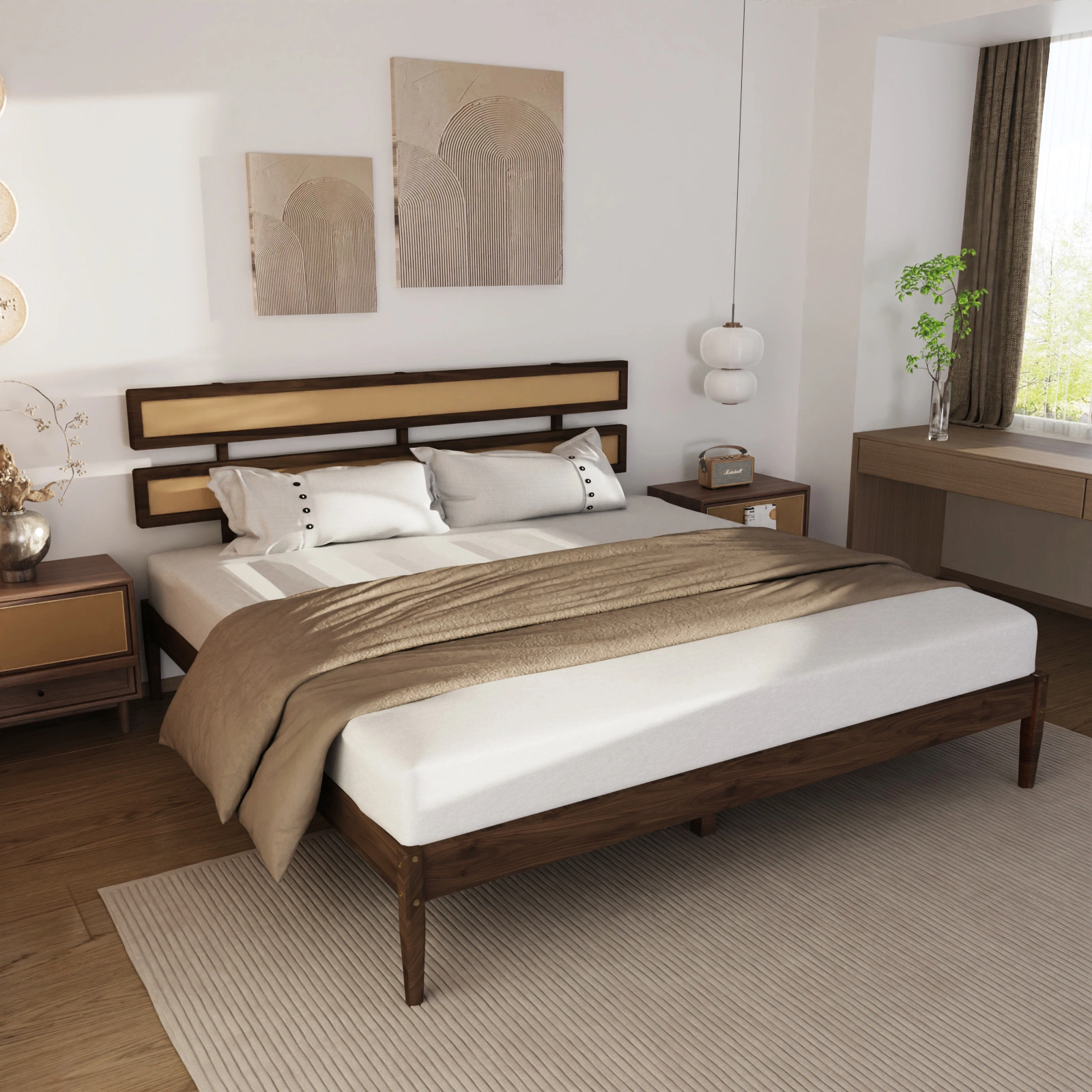 Dark walnut wood painted finish + rattan and pine wood double headboard King size bed, Bohemian style view 6
