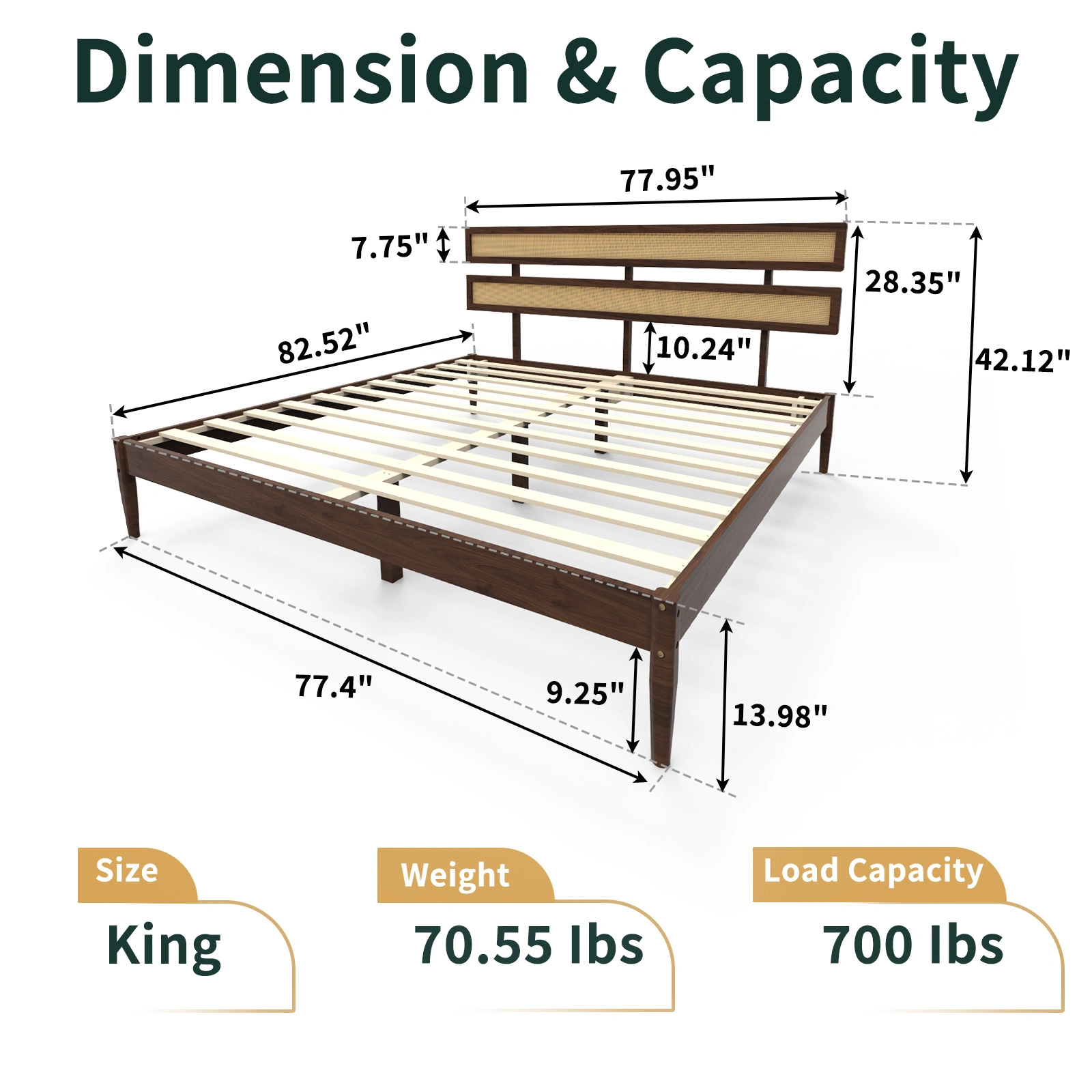 Dark walnut wood painted finish + rattan and pine wood double headboard King size bed, Bohemian style view 7