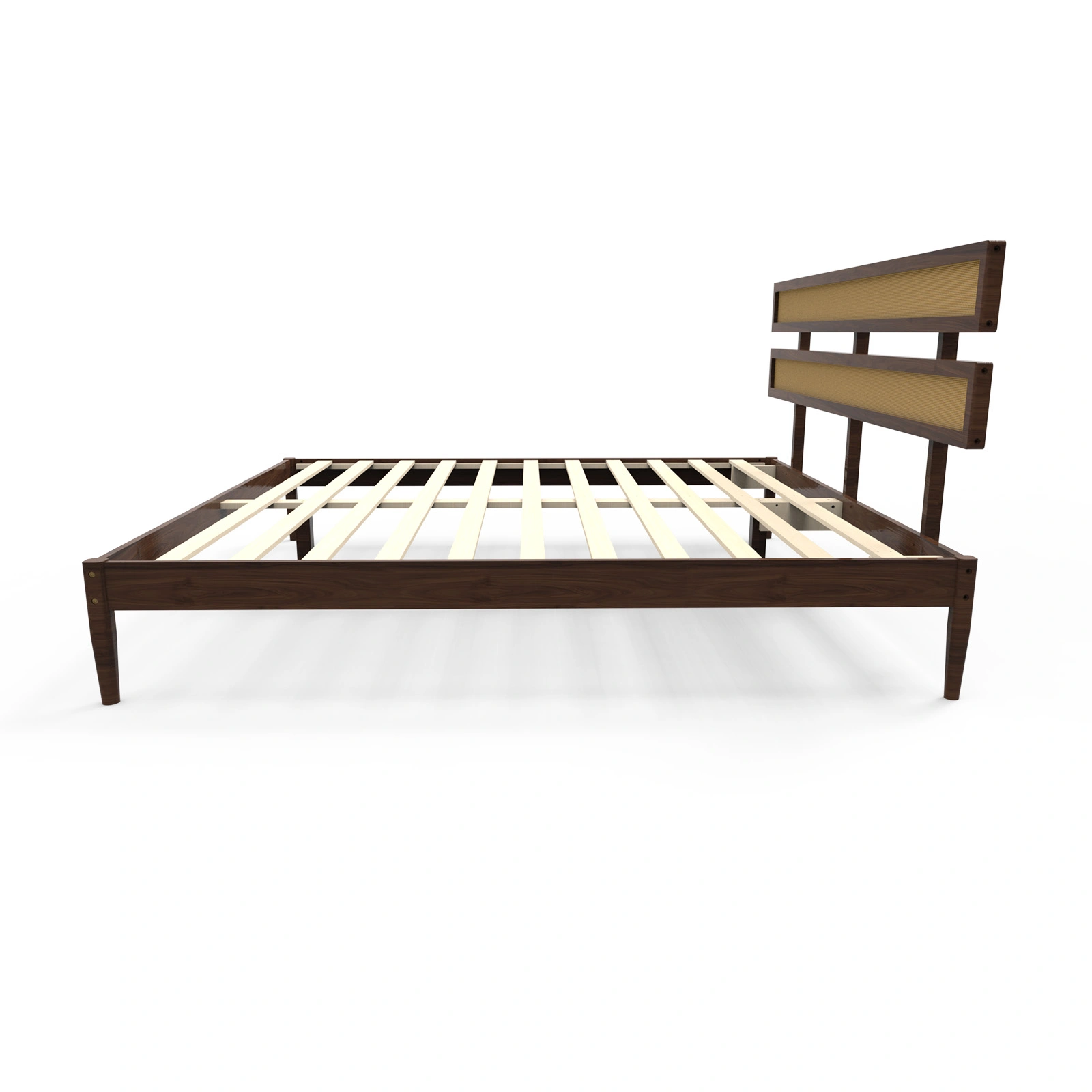 Dark walnut wood painted finish + rattan and pine wood double headboard King size bed, Bohemian style view 8