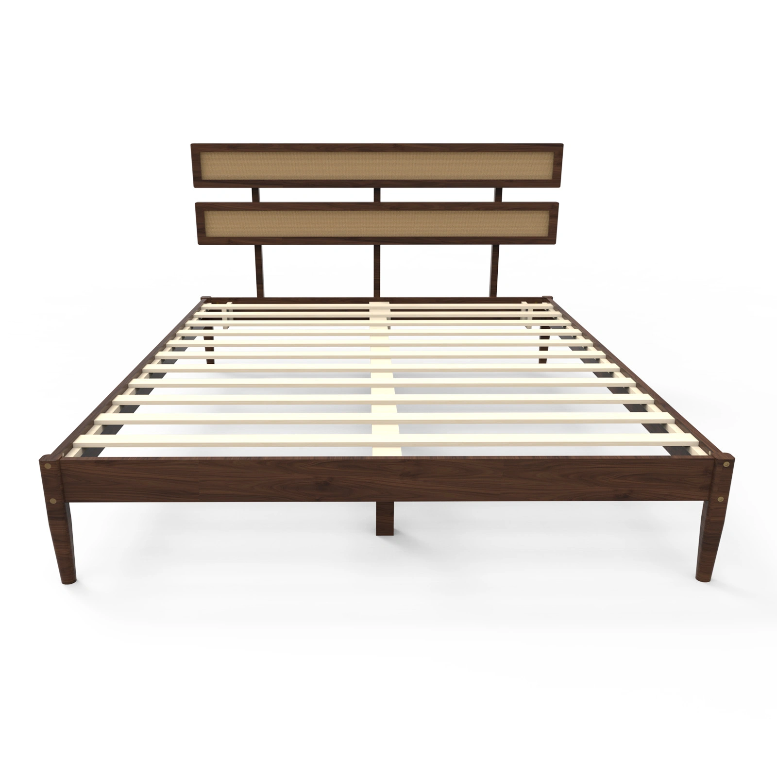 Dark walnut wood painted finish + rattan and pine wood double headboard King size bed, Bohemian style view 9
