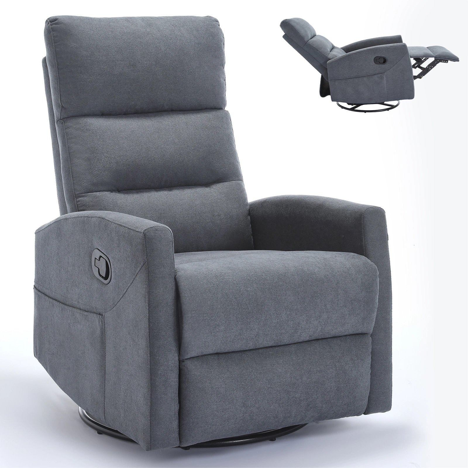 Manual Recliner Chair with Rocker & Swivel, Fabric Living Room Accent Chair, Grey