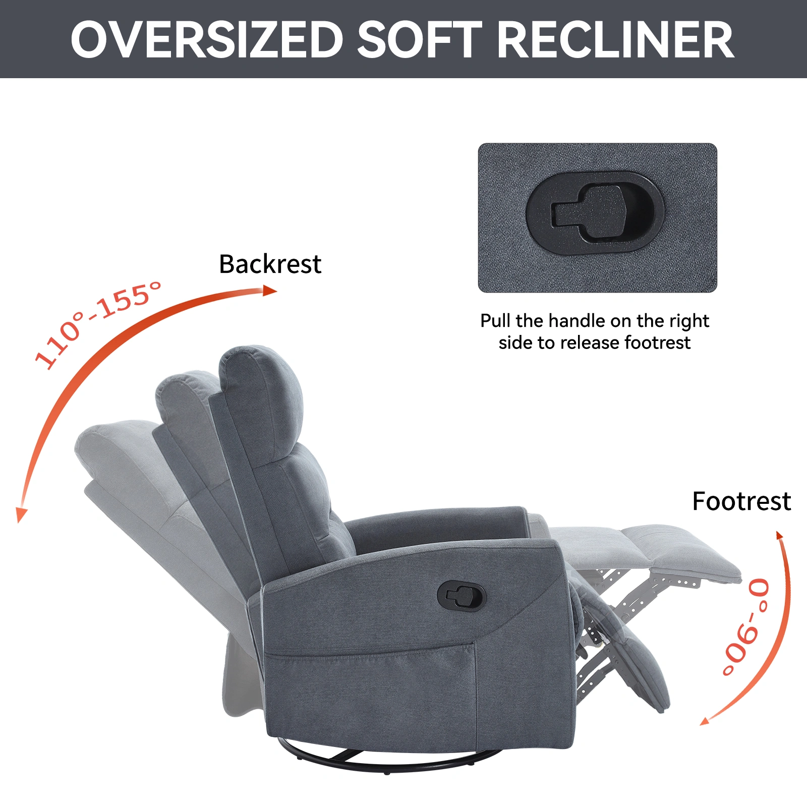 Manual Recliner Chair with Rocker & Swivel, Fabric Living Room Accent Chair, Grey view 12