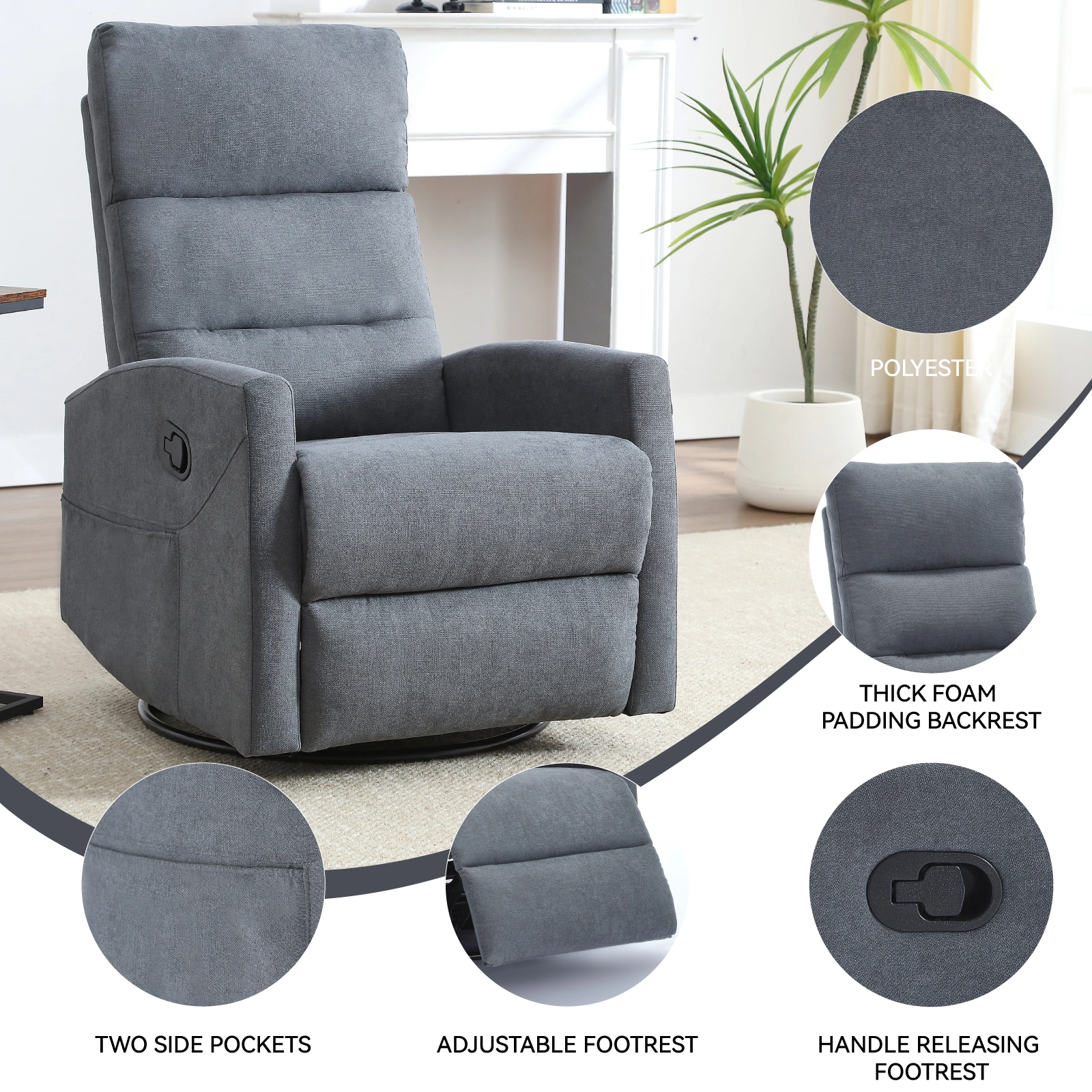 Manual Recliner Chair with Rocker & Swivel, Fabric Living Room Accent Chair, Grey view 13