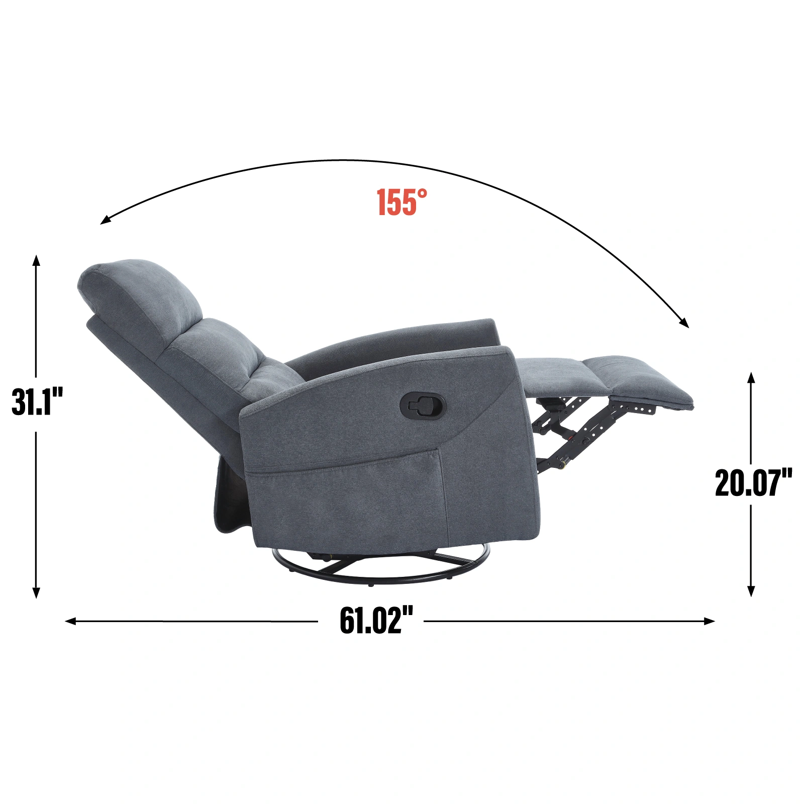 Manual Recliner Chair with Rocker & Swivel, Fabric Living Room Accent Chair, Grey view 2