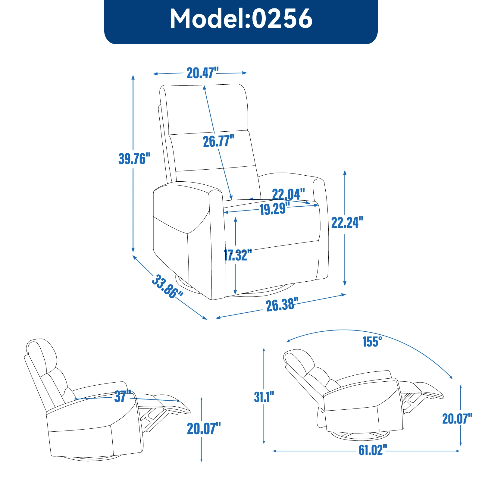 Manual Recliner Chair with Rocker & Swivel, Fabric Living Room Accent Chair, Grey view 3