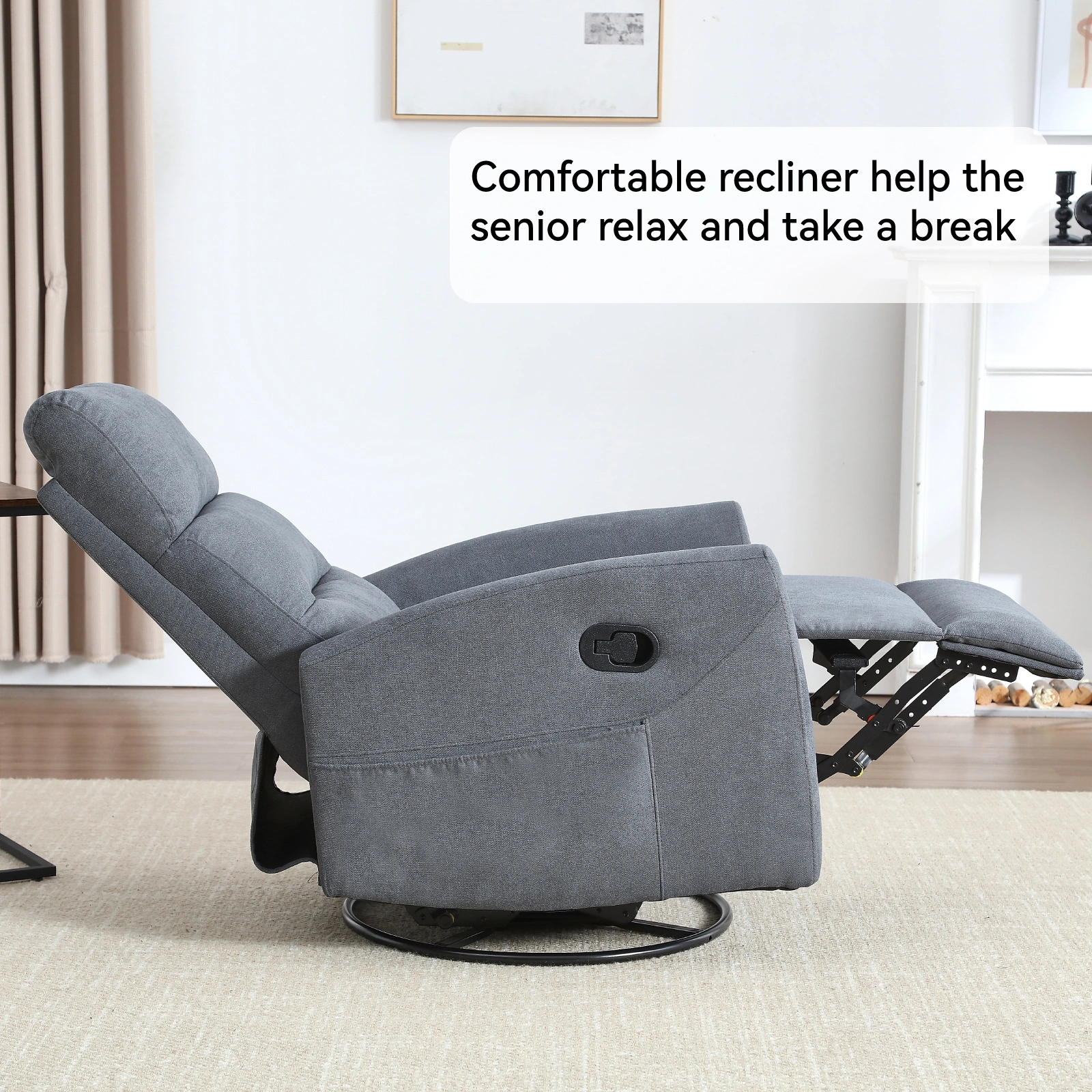 Manual Recliner Chair with Rocker & Swivel, Fabric Living Room Accent Chair, Grey view 7