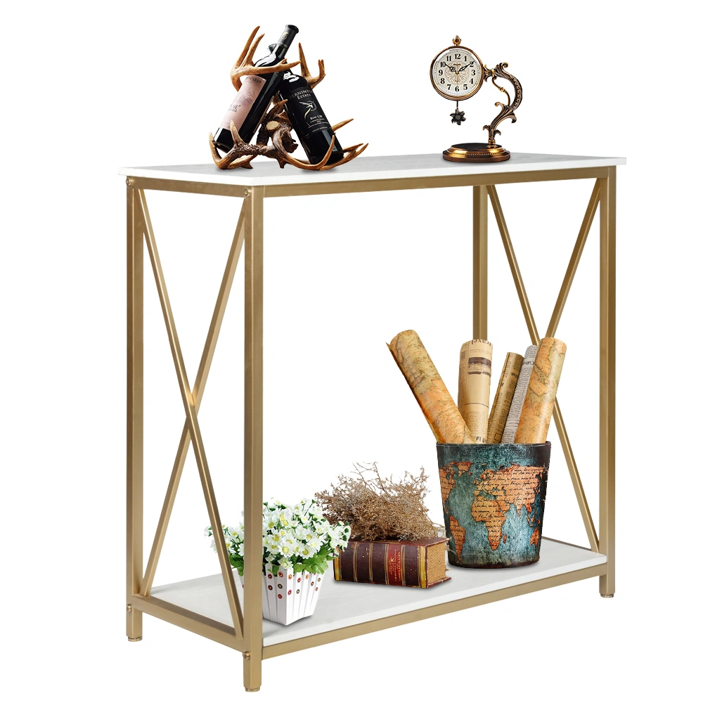 2-Tier Console Table, Gold Sofa Entry Table with White Top and Gold Metal Frame for Home view 11