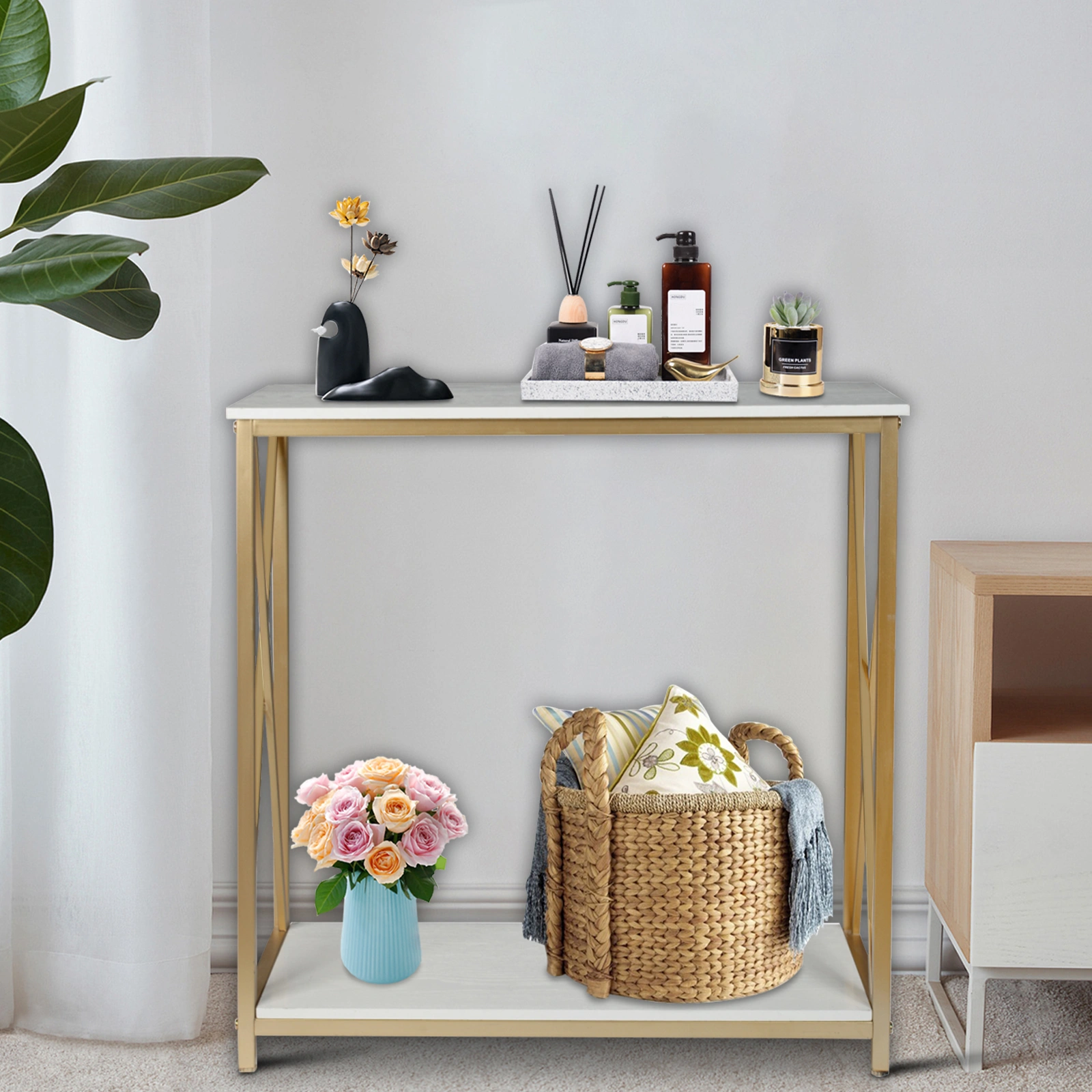 2-Tier Console Table, Gold Sofa Entry Table with White Top and Gold Metal Frame for Home view 13