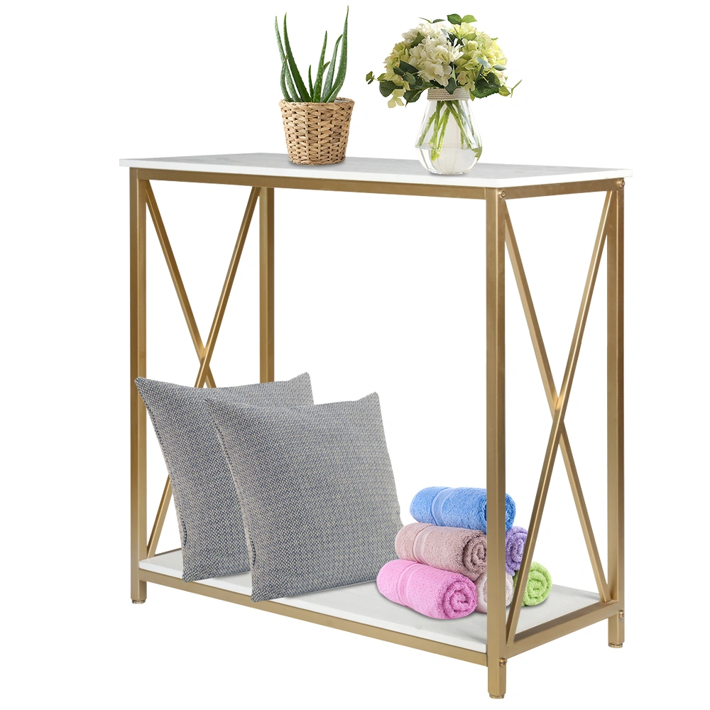 2-Tier Console Table, Gold Sofa Entry Table with White Top and Gold Metal Frame for Home view 14