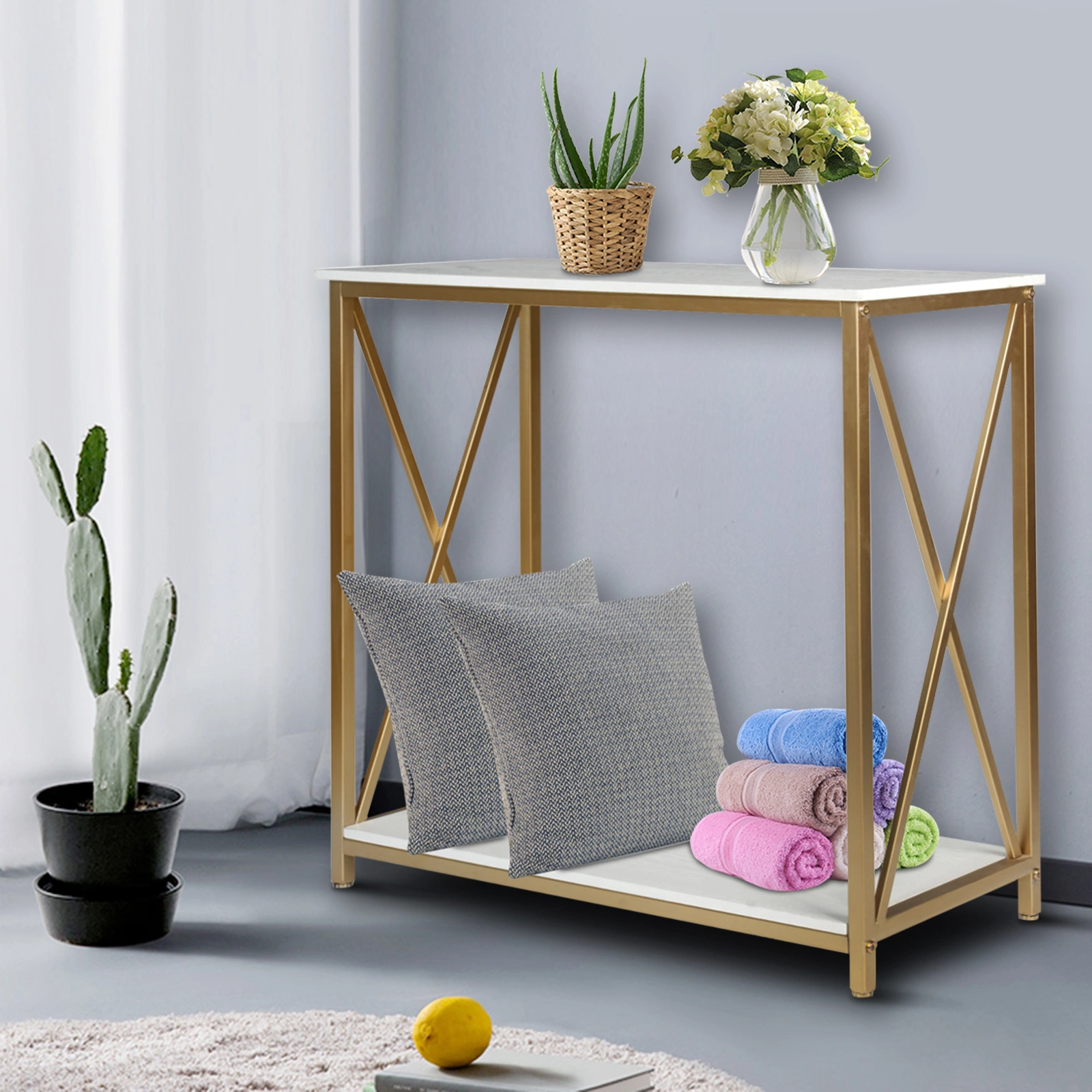 2-Tier Console Table, Gold Sofa Entry Table with White Top and Gold Metal Frame for Home view 15