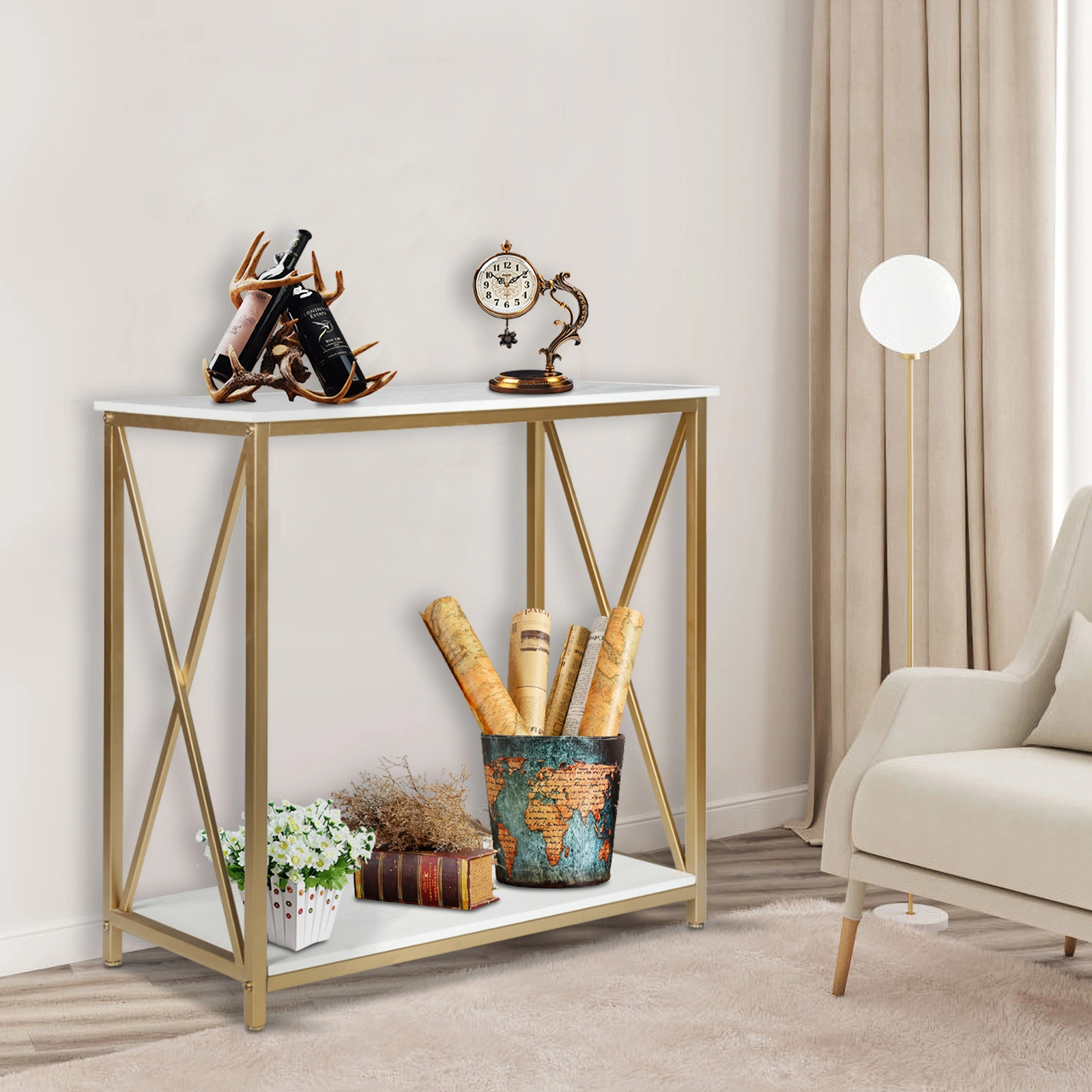 2-Tier Console Table, Gold Sofa Entry Table with White Top and Gold Metal Frame for Home view 16