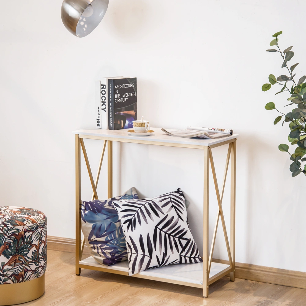 2-Tier Console Table, Gold Sofa Entry Table with White Top and Gold Metal Frame for Home view 4