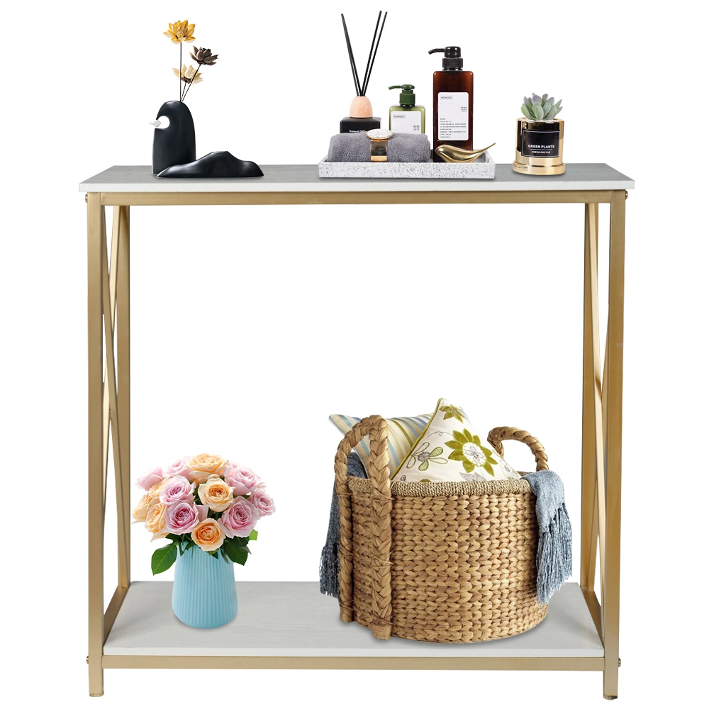 2-Tier Console Table, Gold Sofa Entry Table with White Top and Gold Metal Frame for Home view 9
