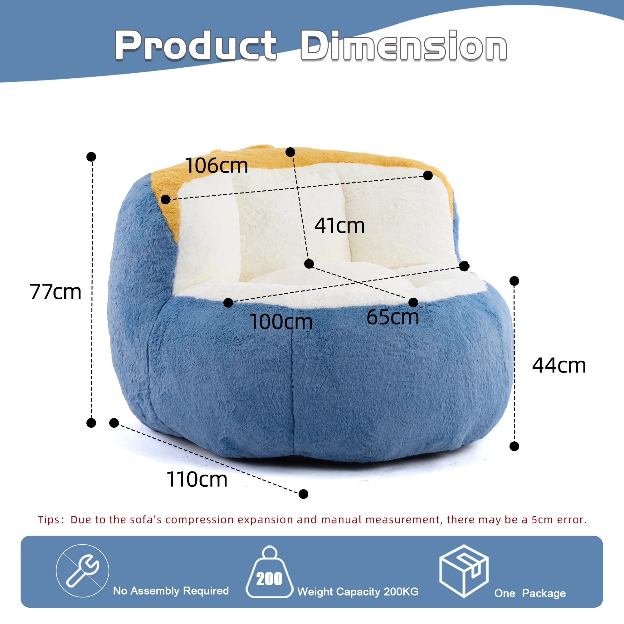 Oversized Bean Bag Chair, Multicolor Faux Fur, Shredded Sponge Filled Lounger Sofa Couch, No Assembly, Blue White Yellow view 2