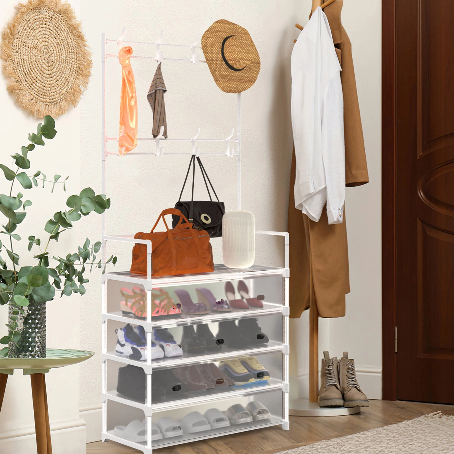 5-Tier Dustproof Coat Rack with 8 Hooks, Freestanding Entryway Hall Tree Shoe Storage Organizer for Front Door, Bedroom, Living Room