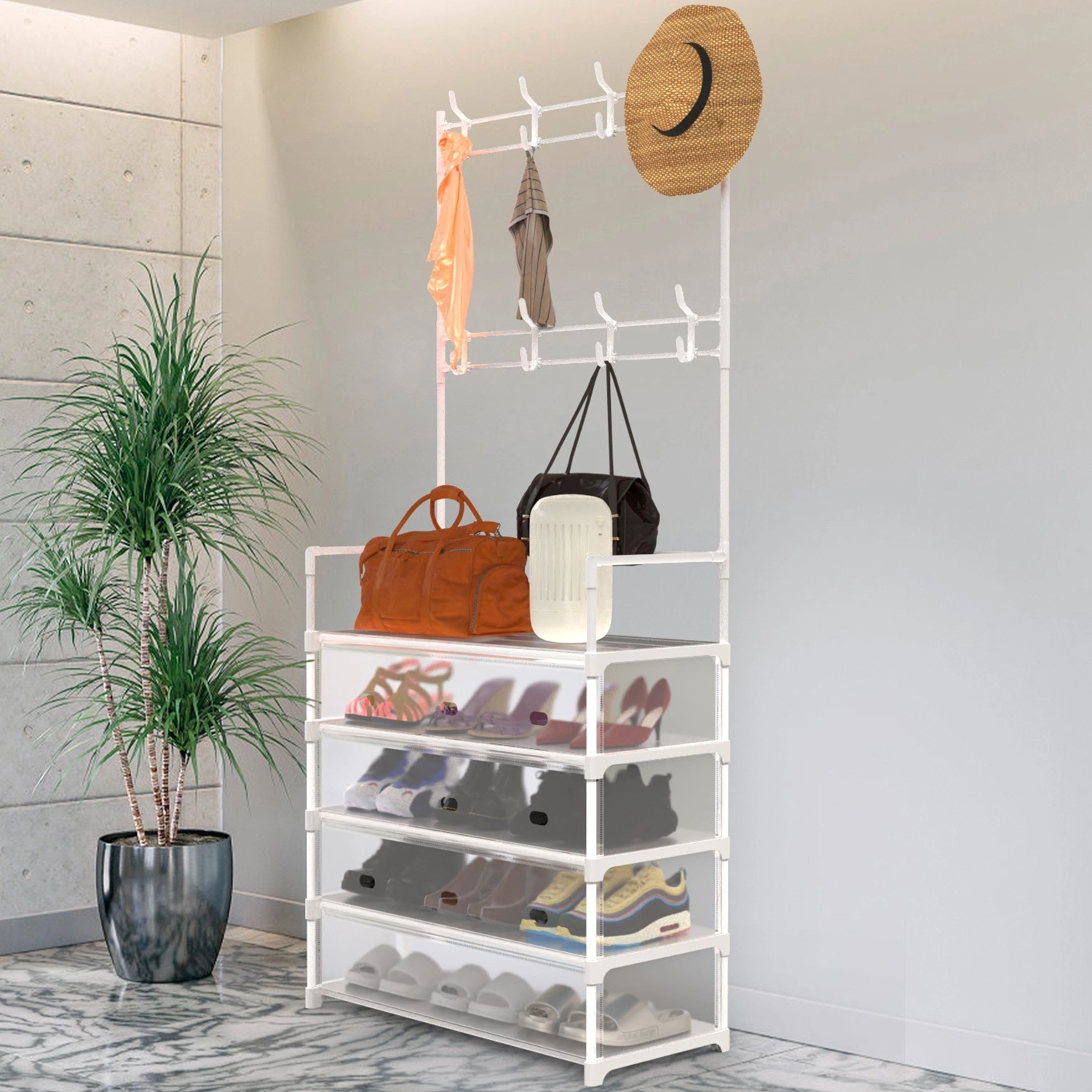 5-Tier Dustproof Coat Rack with 8 Hooks, Freestanding Entryway Hall Tree Shoe Storage Organizer for Front Door, Bedroom, Living Room view 2