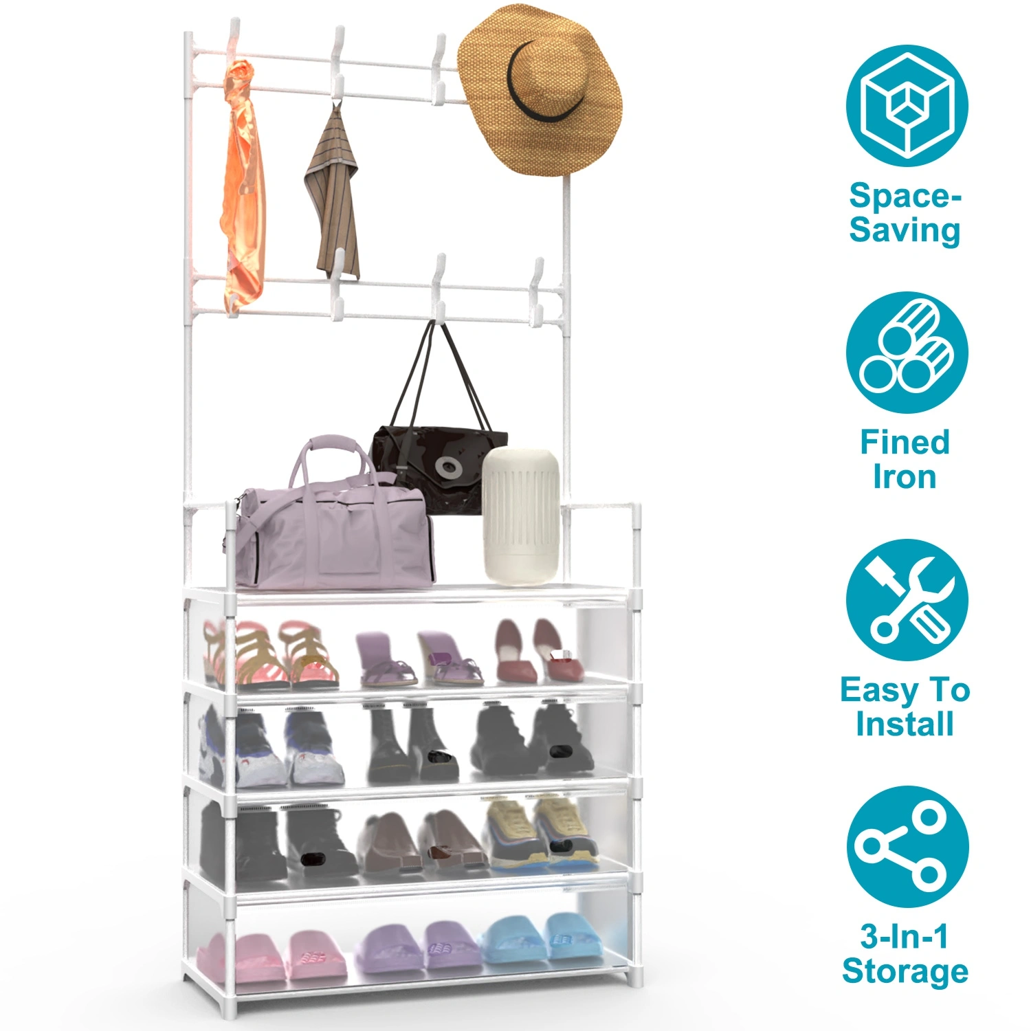 5-Tier Dustproof Coat Rack with 8 Hooks, Freestanding Entryway Hall Tree Shoe Storage Organizer for Front Door, Bedroom, Living Room view 3