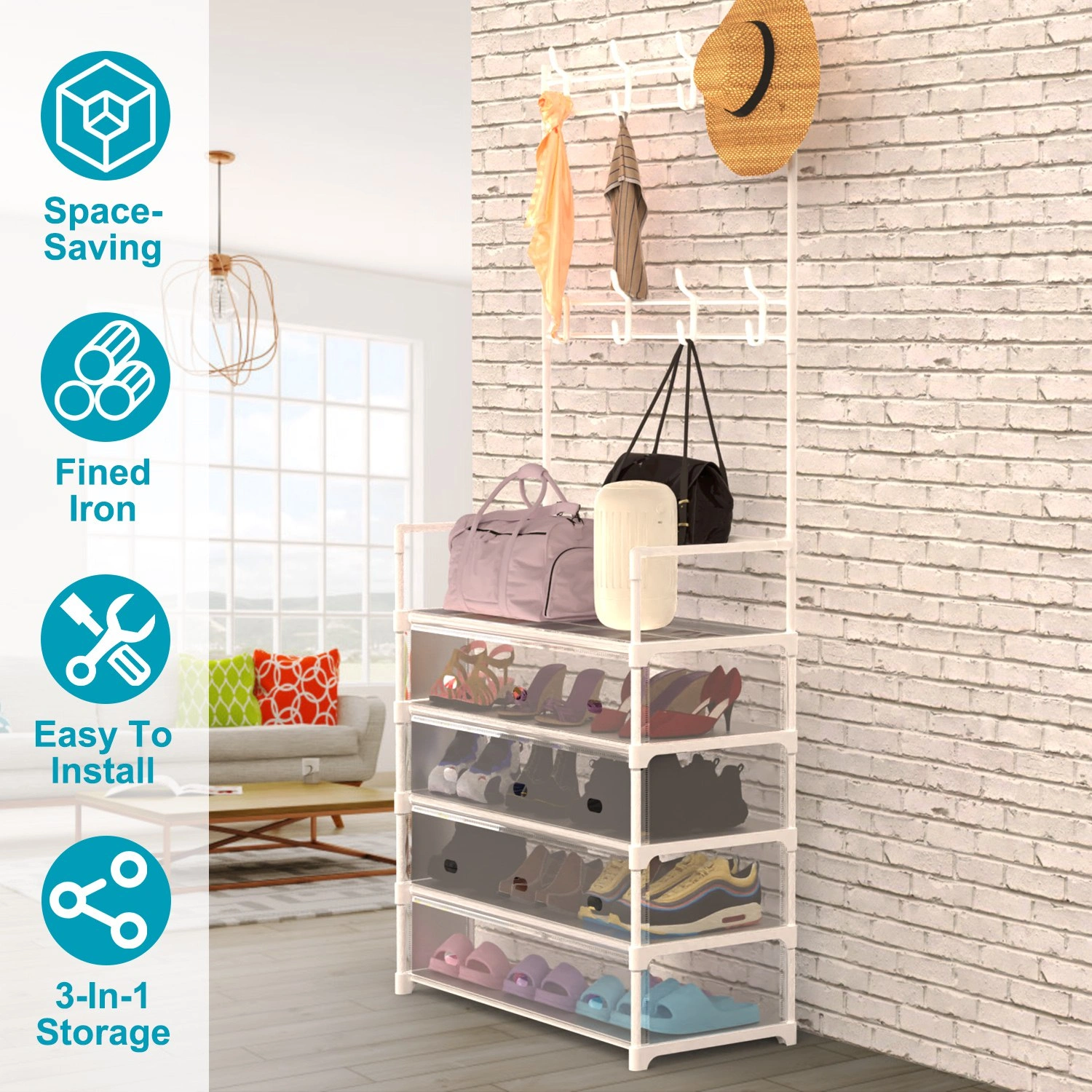 5-Tier Dustproof Coat Rack with 8 Hooks, Freestanding Entryway Hall Tree Shoe Storage Organizer for Front Door, Bedroom, Living Room view 5