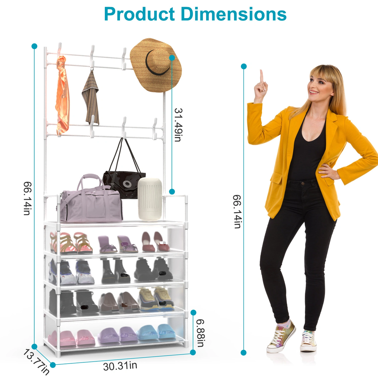 5-Tier Dustproof Coat Rack with 8 Hooks, Freestanding Entryway Hall Tree Shoe Storage Organizer for Front Door, Bedroom, Living Room view 6