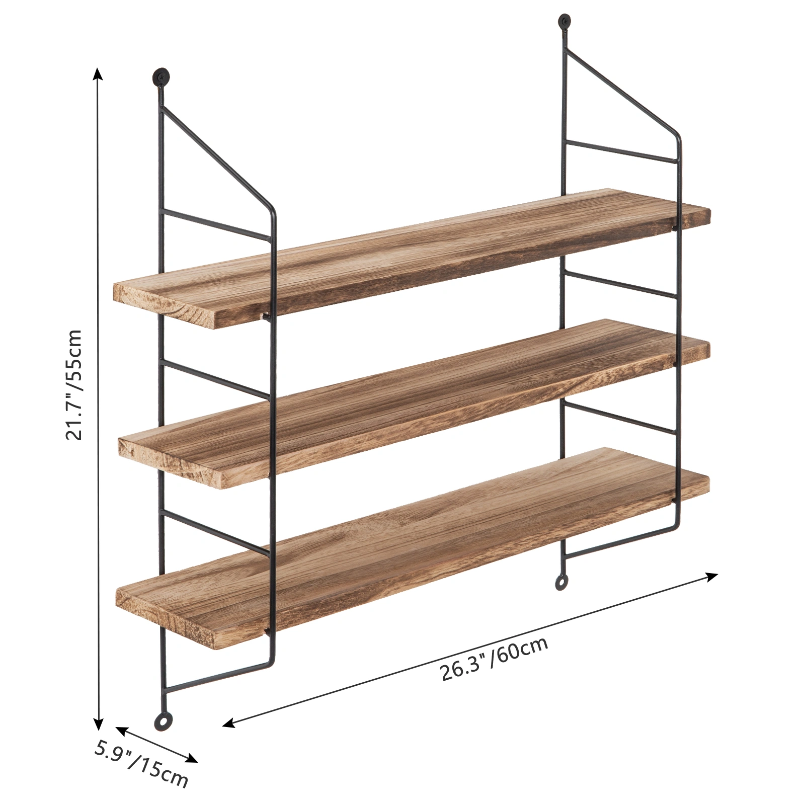 23-Inch Modern Industrial Metal and Torched Wood Adjustable Wall Mounted 3-Tier Display Floating Shelf view 3