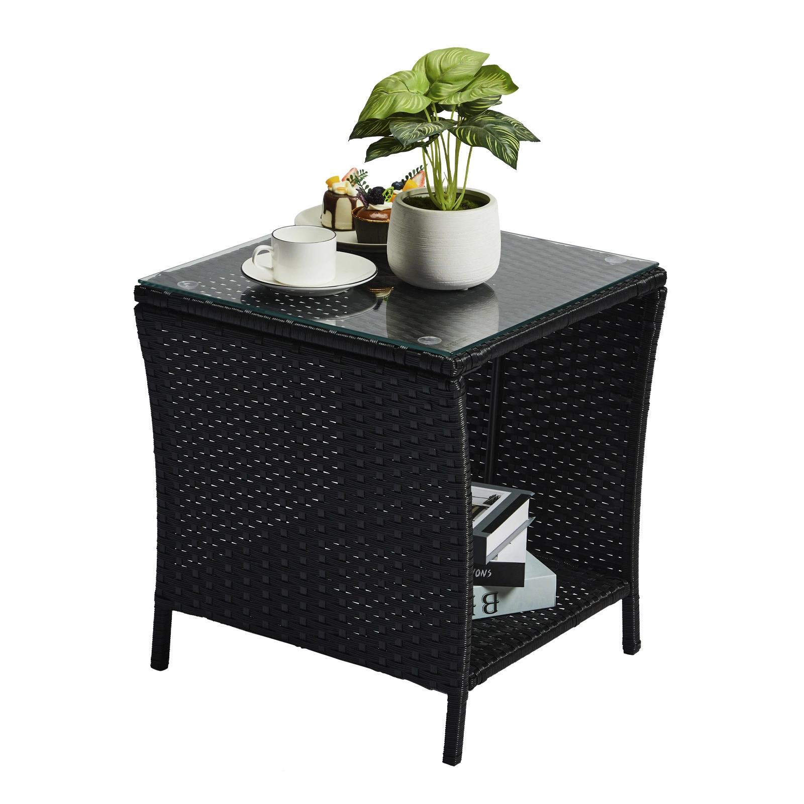 Outdoor Patio Wicker Side Table, Square End Table Bistro Coffee Table with Glass Top Storage Shelf for Porch Garden Backyard Black view 12