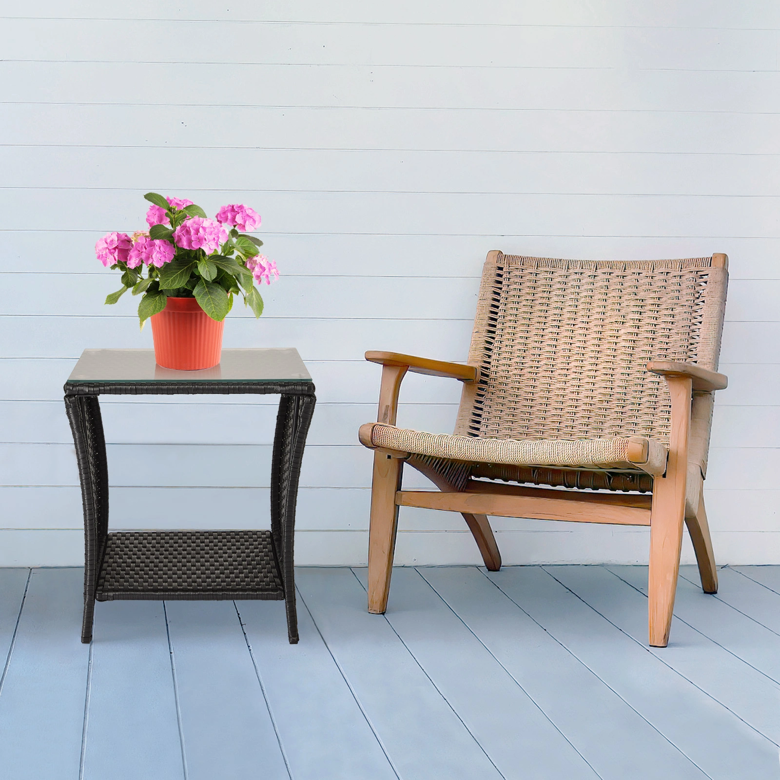 Outdoor Patio Wicker Side Table, Square End Table Bistro Coffee Table with Glass Top Storage Shelf for Porch Garden Backyard Black view 17