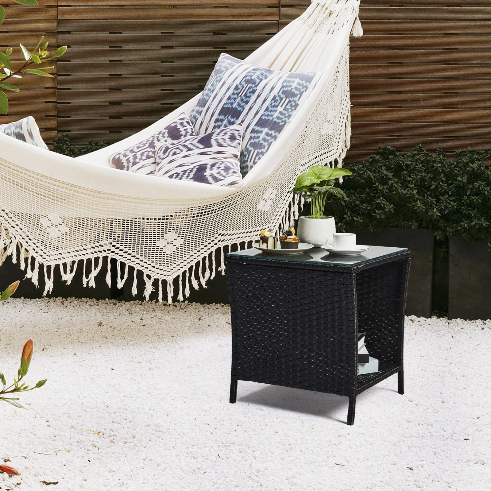 Outdoor Patio Wicker Side Table, Square End Table Bistro Coffee Table with Glass Top Storage Shelf for Porch Garden Backyard Black view 18