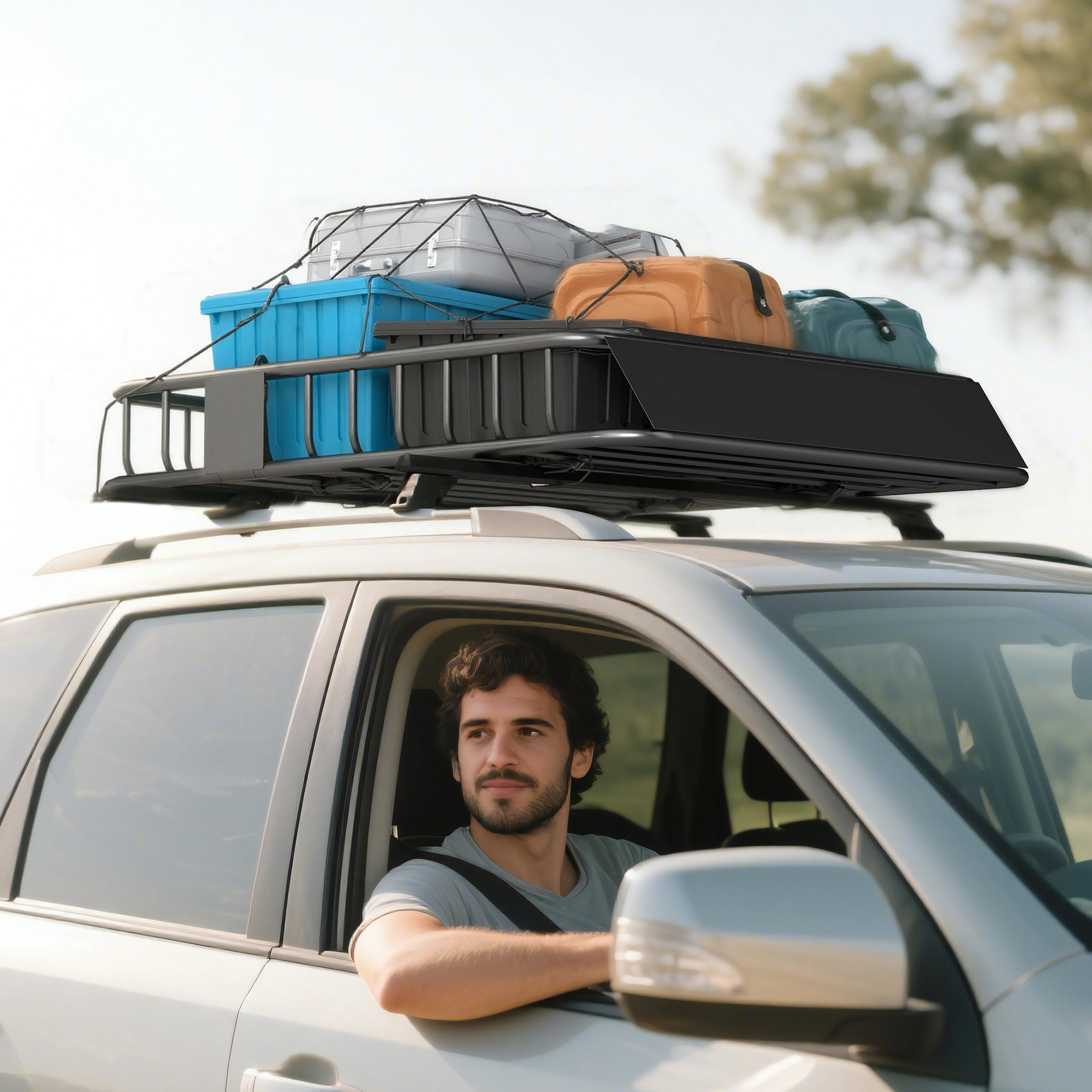 Roof Luggage Rack Basket Tray, 57x32 Inch Car Top Carrier, Waterproof Cargo Basket for SUVs