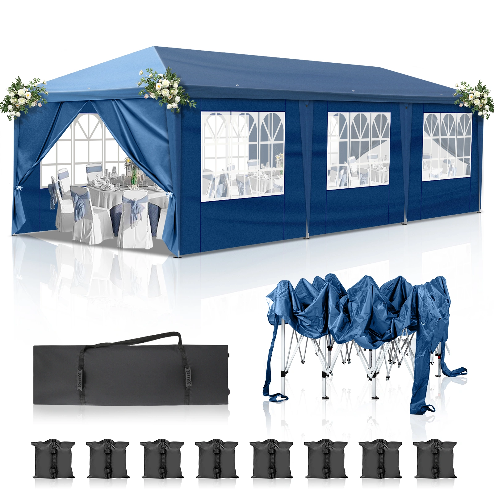 10x30ft Pop Up Canopy Tent, Portable Instant Canopy with 8 Sidewalls, Outdoor Event Canopy for Party Wedding Birthday, Blue