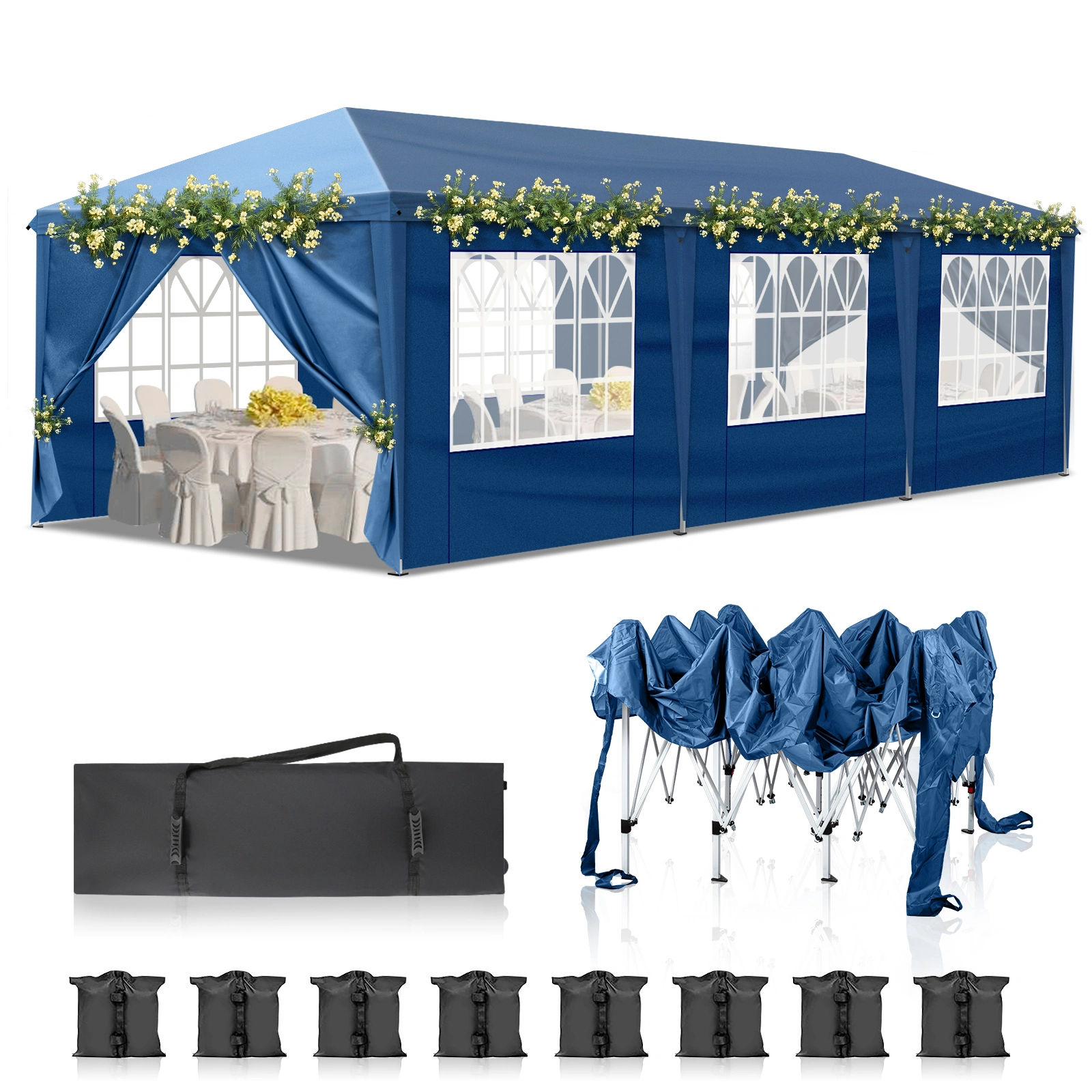 10x30ft Pop Up Canopy Tent, Portable Instant Canopy with 8 Sidewalls, Outdoor Event Canopy for Party Wedding Birthday, Blue view 2