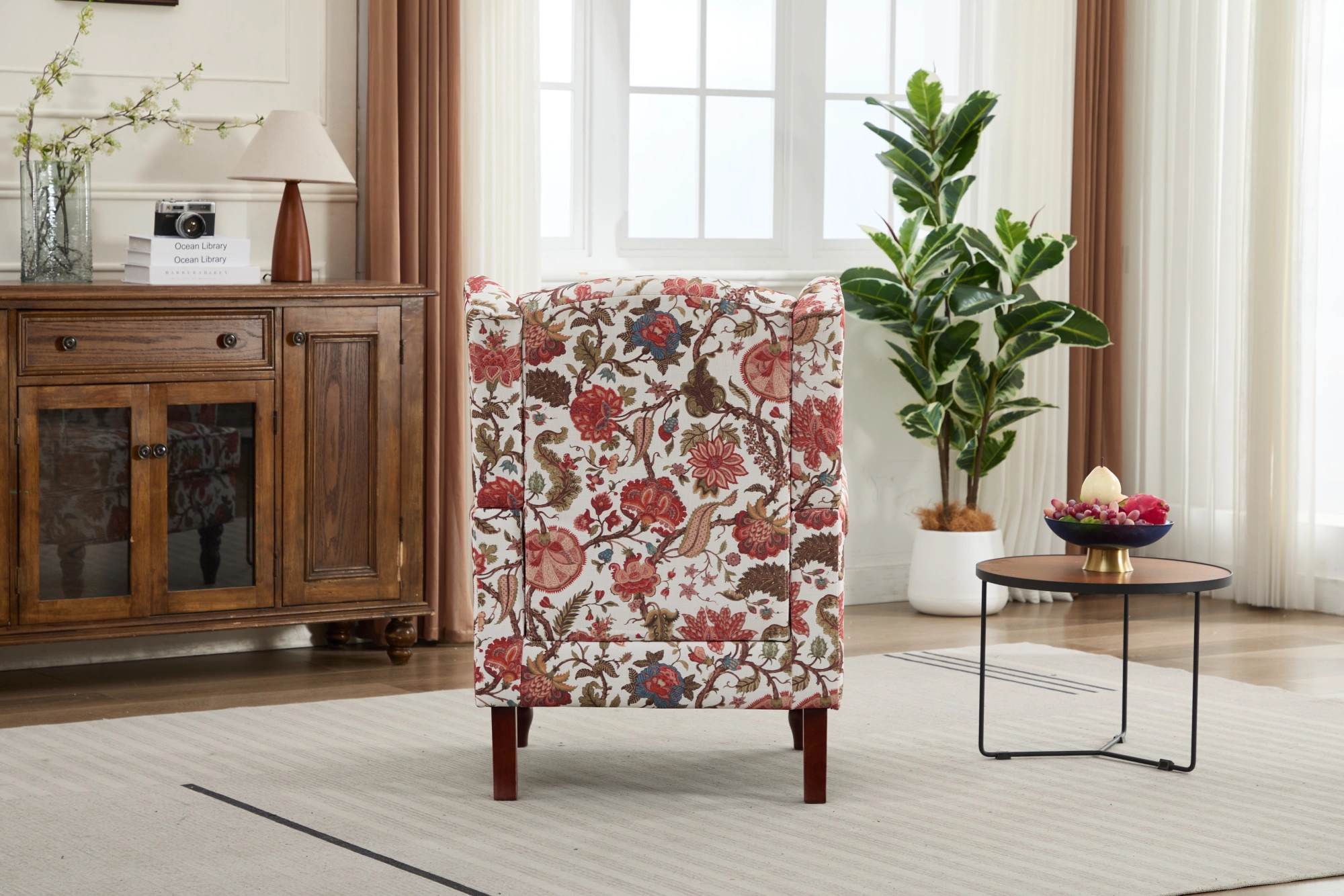 Modern Accent Chair with Retro Wood Legs, Comfy Upholstered Armchair, Floral Design Single Sofa Chair for Living Room Bedroom Office - Floral Red view 16