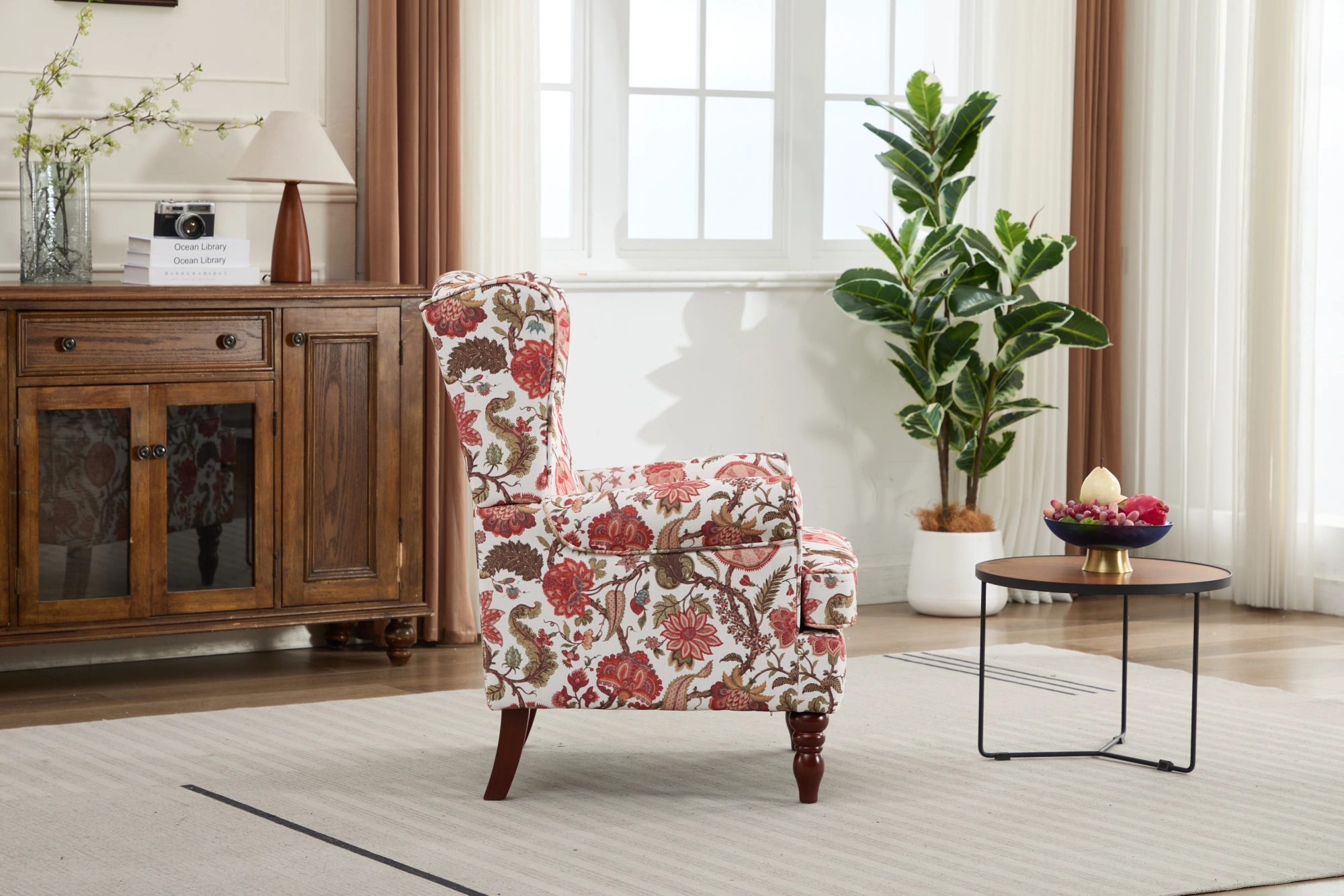 Modern Accent Chair with Retro Wood Legs, Comfy Upholstered Armchair, Floral Design Single Sofa Chair for Living Room Bedroom Office - Floral Red view 18