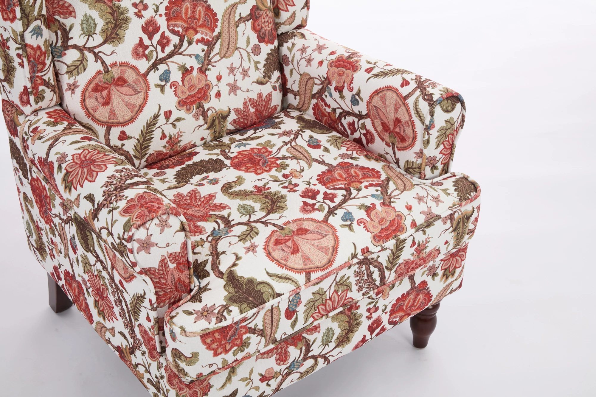Modern Accent Chair with Retro Wood Legs, Comfy Upholstered Armchair, Floral Design Single Sofa Chair for Living Room Bedroom Office - Floral Red view 19