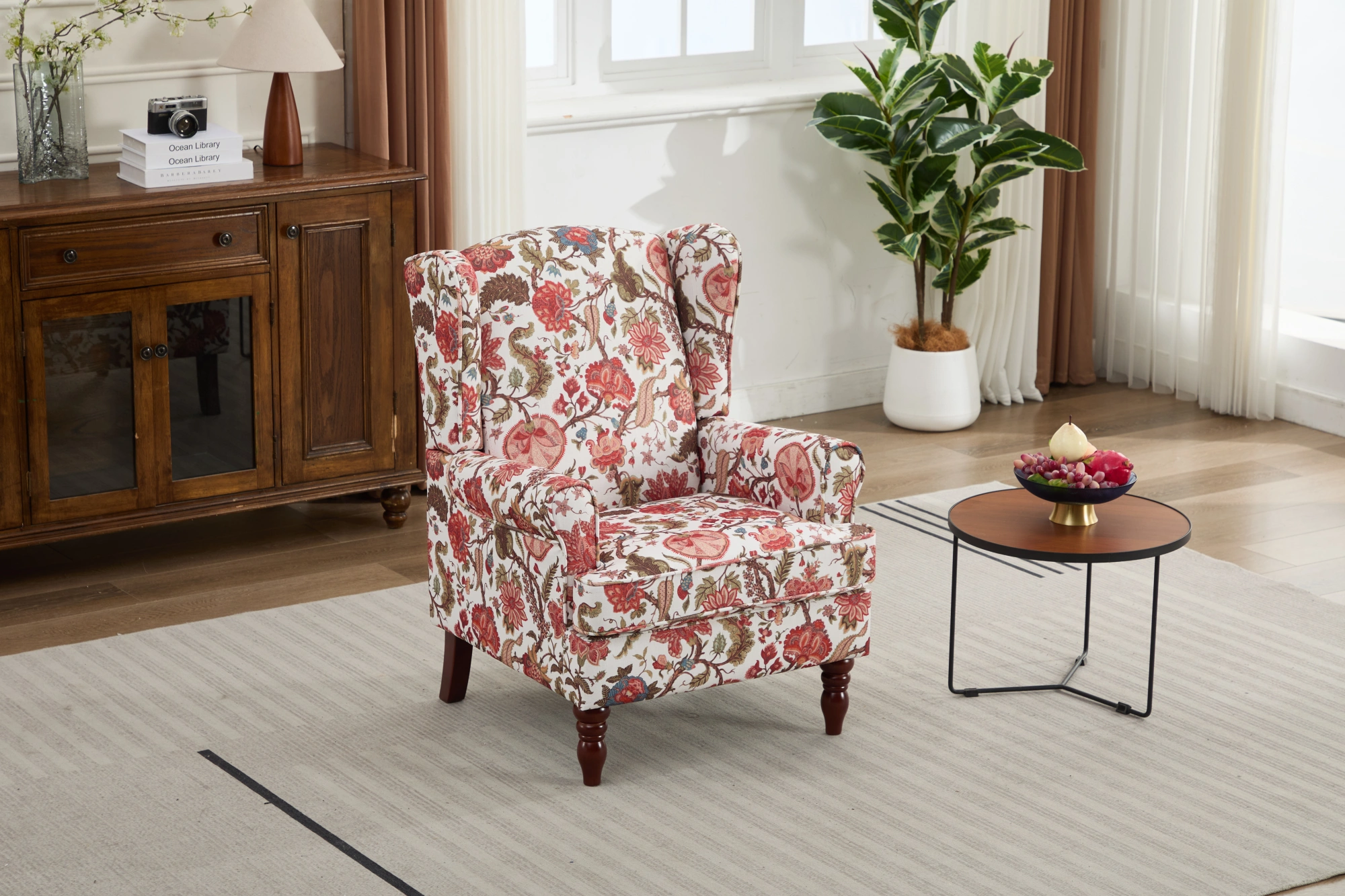 Modern Accent Chair with Retro Wood Legs, Comfy Upholstered Armchair, Floral Design Single Sofa Chair for Living Room Bedroom Office - Floral Red view 22