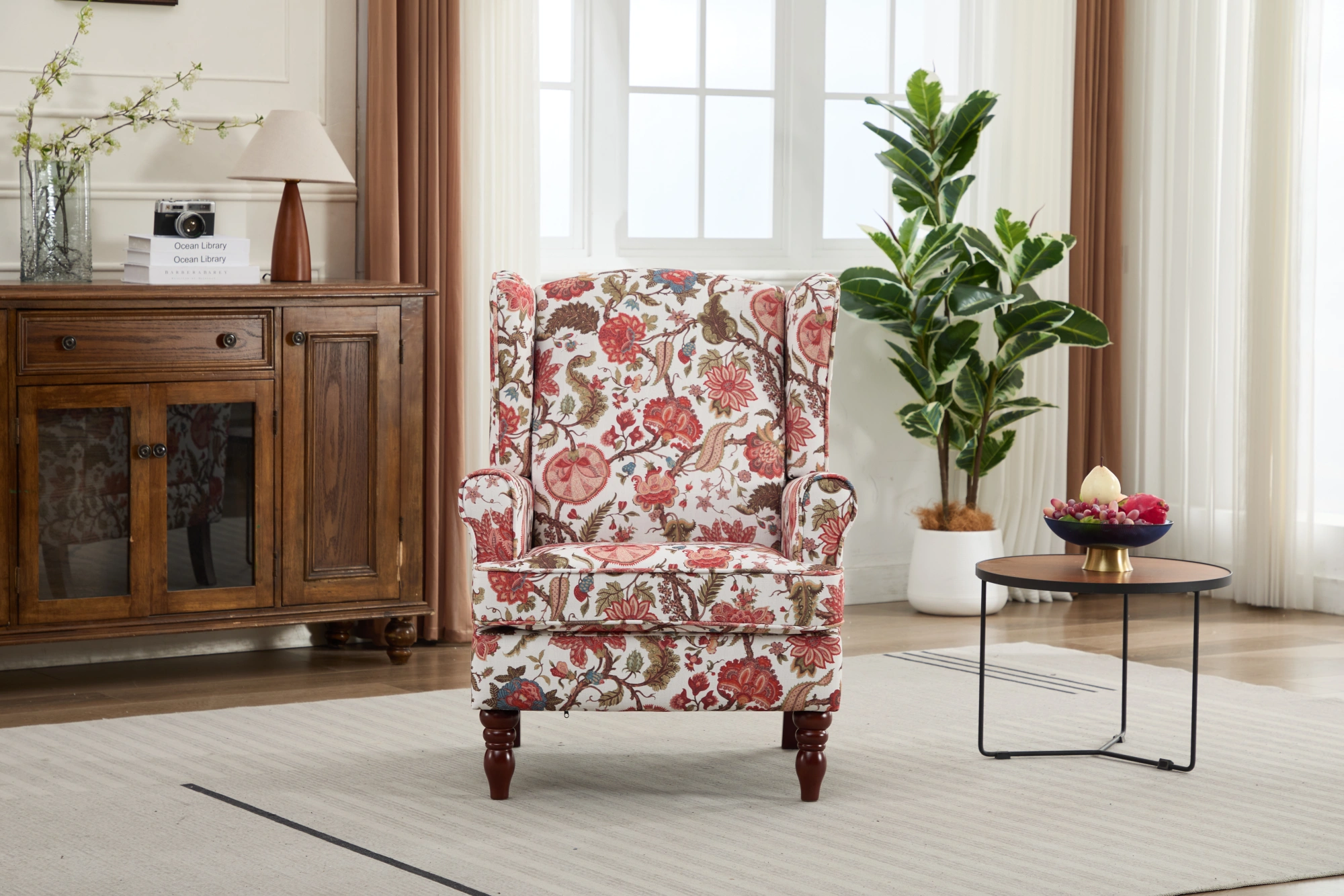 Modern Accent Chair with Retro Wood Legs, Comfy Upholstered Armchair, Floral Design Single Sofa Chair for Living Room Bedroom Office - Floral Red view 23