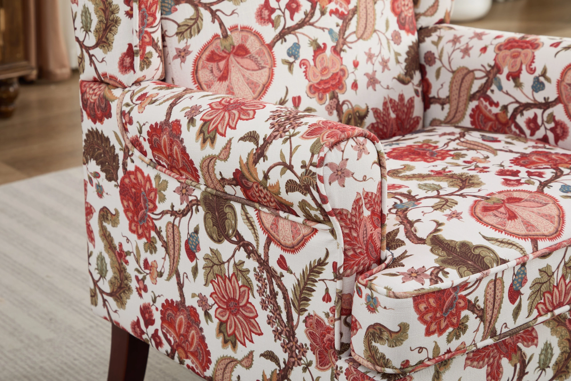 Modern Accent Chair with Retro Wood Legs, Comfy Upholstered Armchair, Floral Design Single Sofa Chair for Living Room Bedroom Office - Floral Red view 27