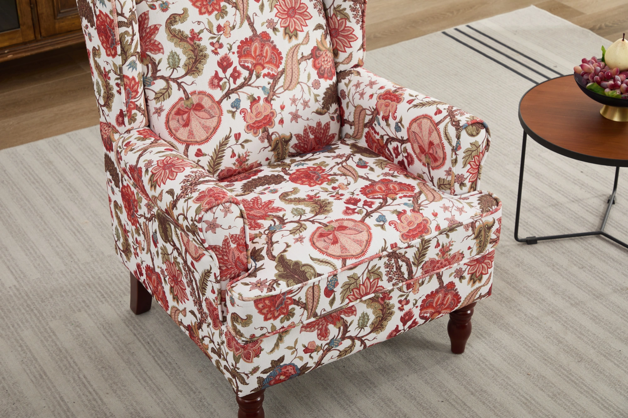 Modern Accent Chair with Retro Wood Legs, Comfy Upholstered Armchair, Floral Design Single Sofa Chair for Living Room Bedroom Office - Floral Red view 28