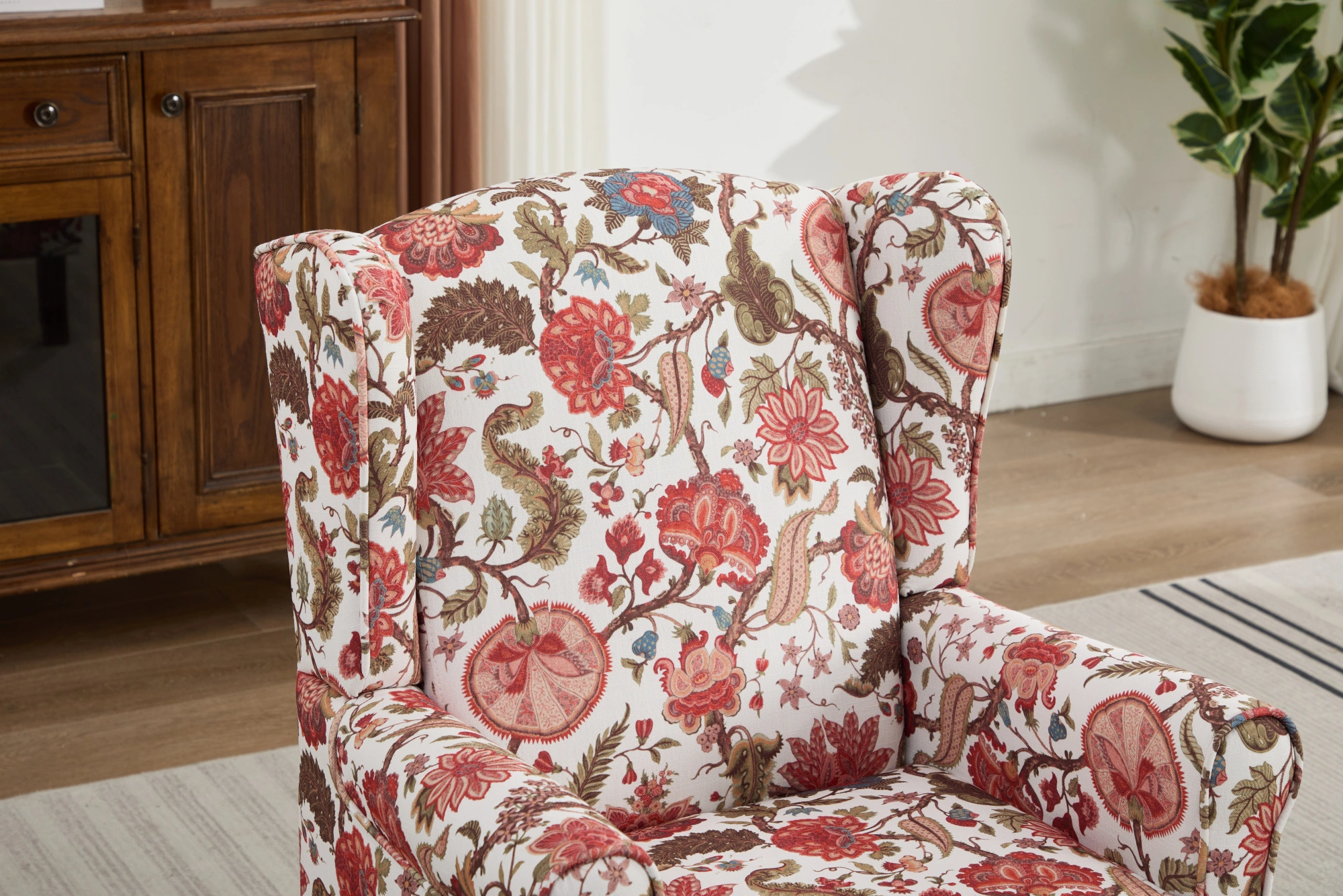 Modern Accent Chair with Retro Wood Legs, Comfy Upholstered Armchair, Floral Design Single Sofa Chair for Living Room Bedroom Office - Floral Red view 5